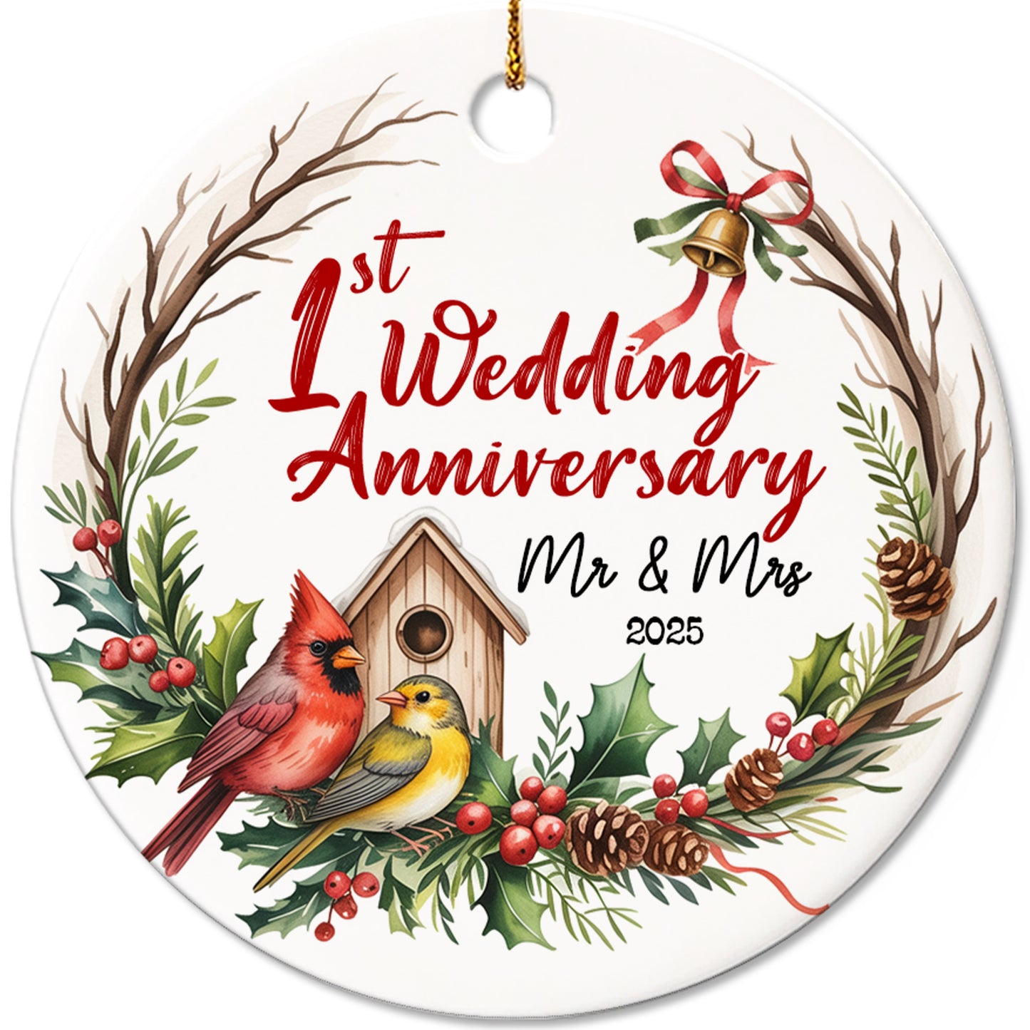 Netecom 1st Wedding Anniversary Christmas Ornament 2025, 1 Year as Mr & Mrs Red Cardinal Ceramic Ornament for Xmas Tree Hanging Decorations Gift, Gifts for Couple Husband Wife, Holiday Present