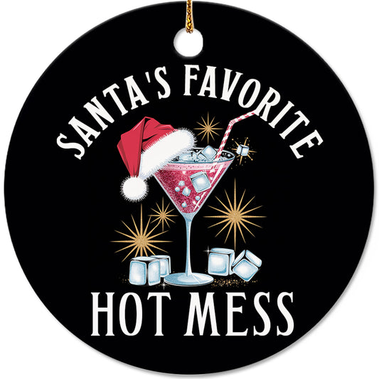 Netecom Funny Cocktail with Santa Hat Christmas Ornament, Santa's Favorite Hot Mess Ceramic Ornament for Xmas Tree Hanging Decorations Gift, Gifts for Friends & Family, Holiday Party Present