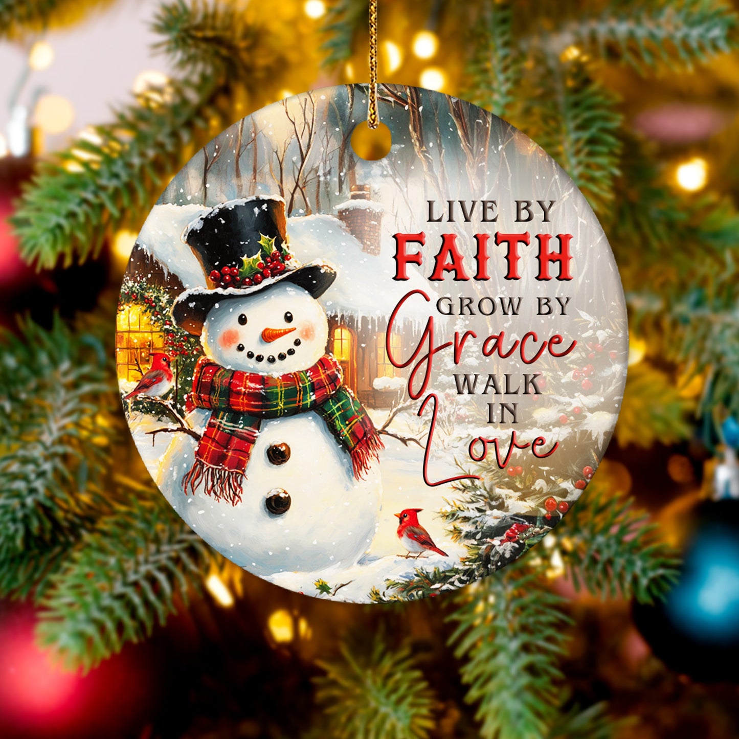 Netecom Cozy Snowman Christmas Ornament, Live by Faith Grow by Grace Walk in Love Ceramic Ornament for Xmas Tree Hanging Decorations Gift, Religious Gifts for Christian, Holiday Party Present
