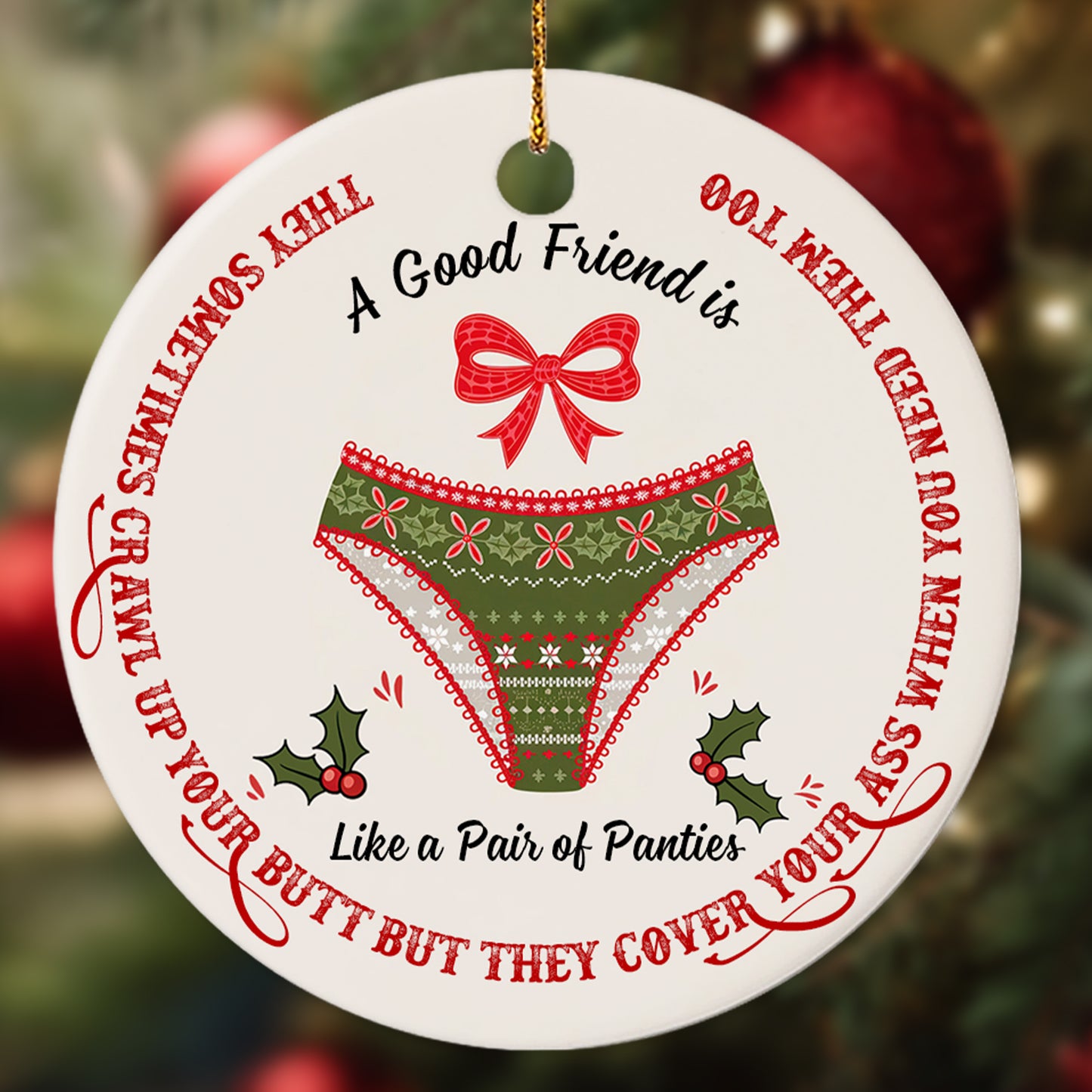 Netecom Funny Best Friend Ornament for Women, A Good Friend is Like a Pair of Panties Ceramic Ornament for Christmas Tree Hanging Decorations Gift, Besties Friendship Gifts, Holiday Present