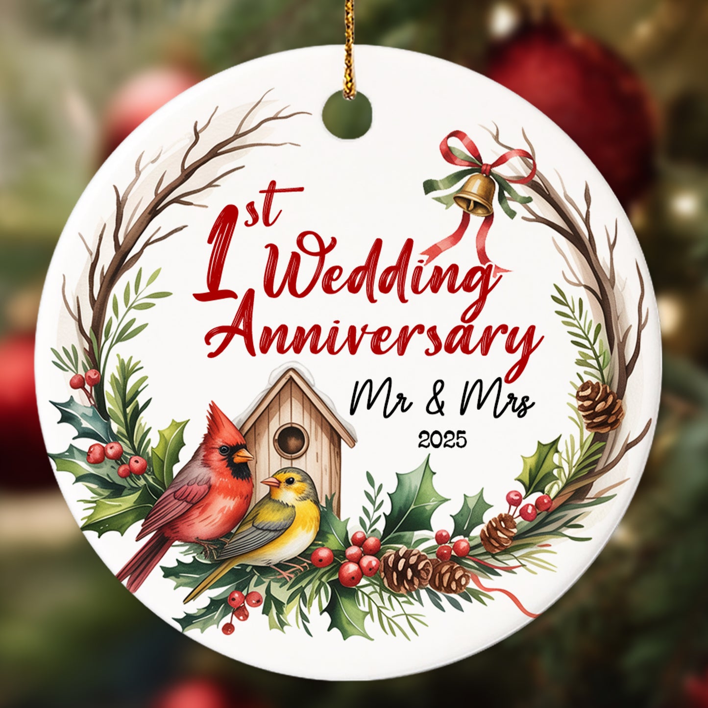 Netecom 1st Wedding Anniversary Christmas Ornament 2025, 1 Year as Mr & Mrs Red Cardinal Ceramic Ornament for Xmas Tree Hanging Decorations Gift, Gifts for Couple Husband Wife, Holiday Present