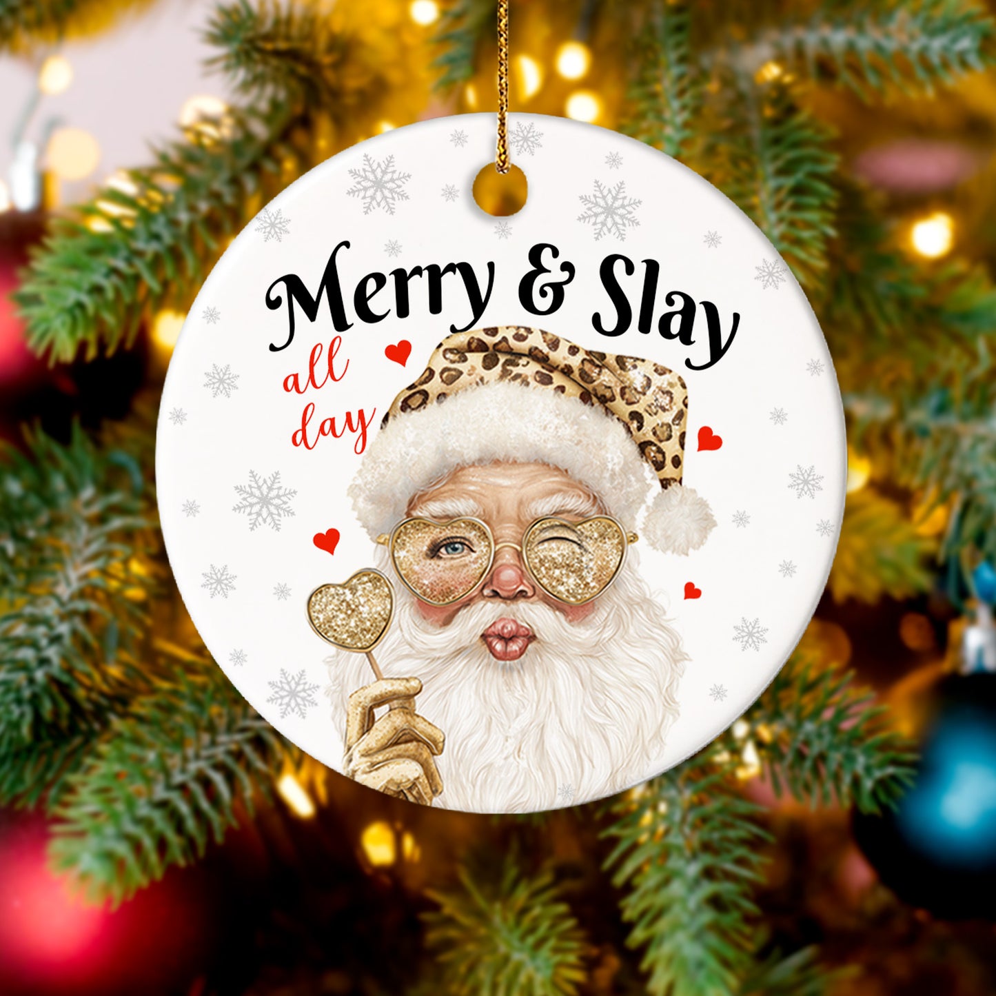 Netecom Merry & Slay All Day Ornament, Funny Leopard Print Santa Ceramic Ornament for Xmas Tree Hanging Decorations Gift, Funny Gag Gifts for Men Women, Home Decor, Holiday Party Present