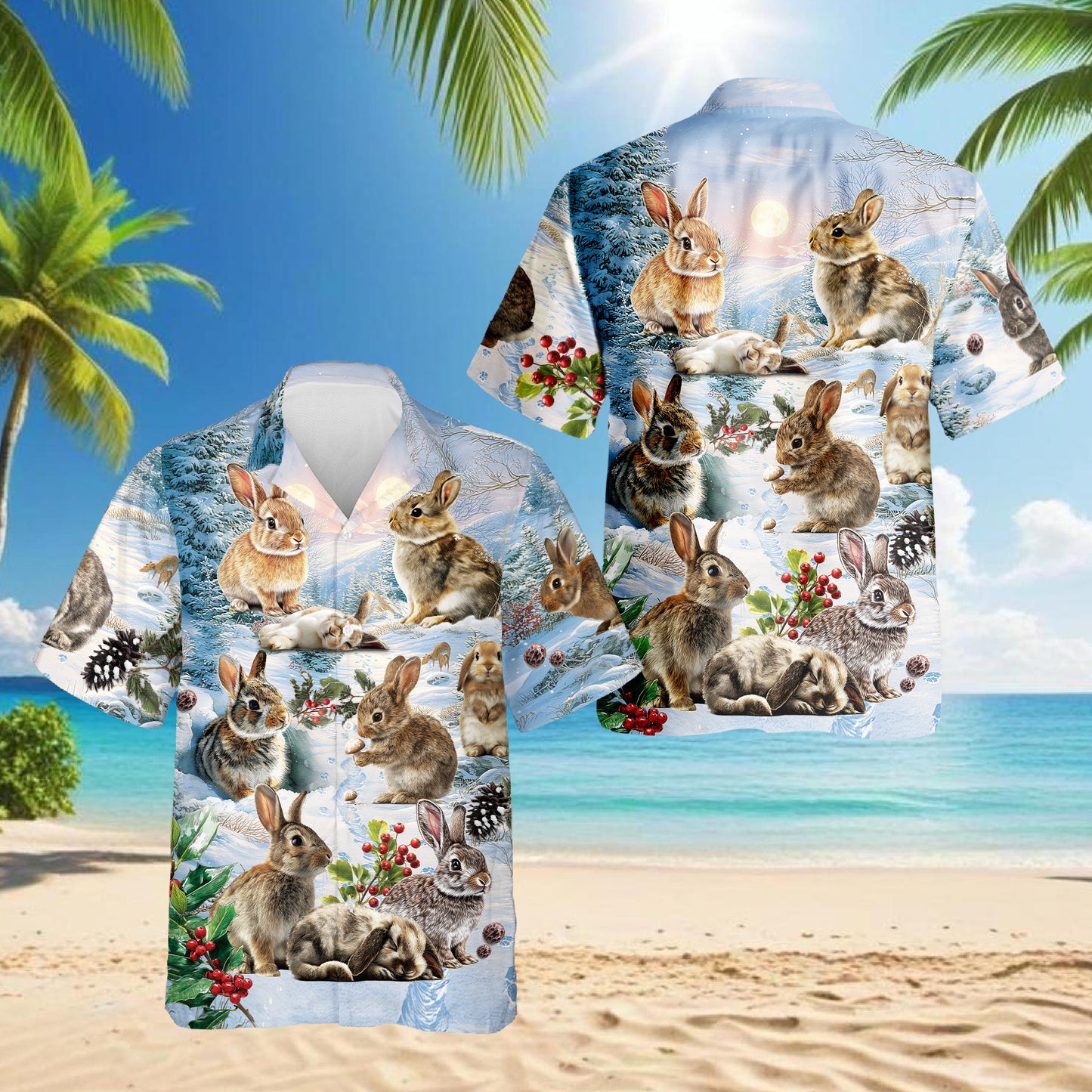 Netecom Rabbits in Snow Hawaiian Shirt for Men, Winter Bunny Holiday Button Down Summer Beach Short Sleeve Shirt