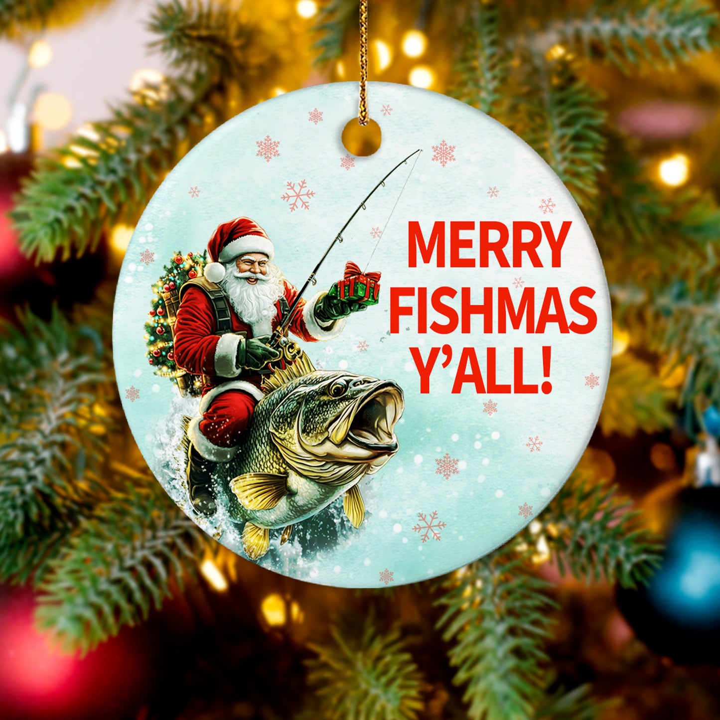 Netecom Funny Santa Fishing Christmas Ornament, Merry Fishmas Ceramic Ornament for Xmas Tree Hanging Decorations Gift, Fishing Lovers Gifts for Fisherman, Home Decor, Holiday Party Present