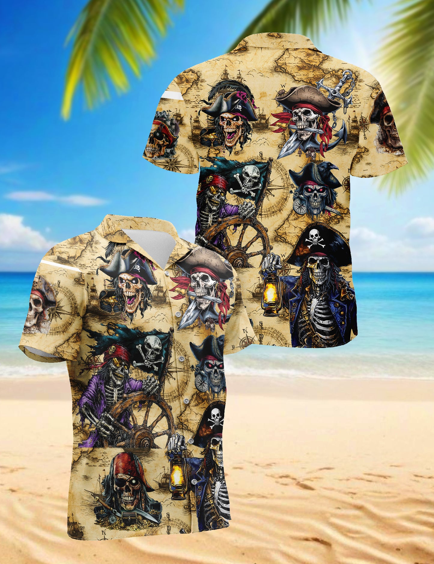 Netecom Pirate Skull Treasure Hawaiian Shirt for Men, Mysterious Pirate Button Down Summer Beach Short Sleeve Shirts