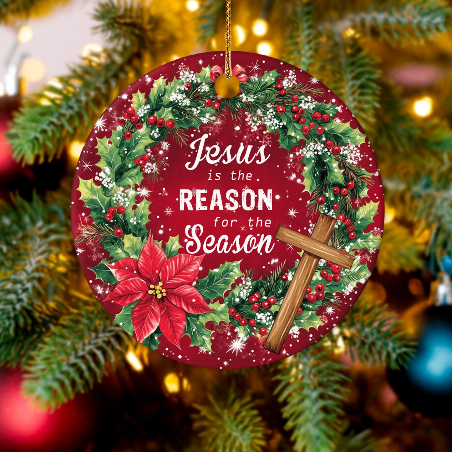 Netecom Religious Christmas Ornament, Jesus is the Reason for the Season Ceramic Ornament for Xmas Tree Hanging Decorations Gift, Inspirational Gifts for Christian, Holiday Party Present