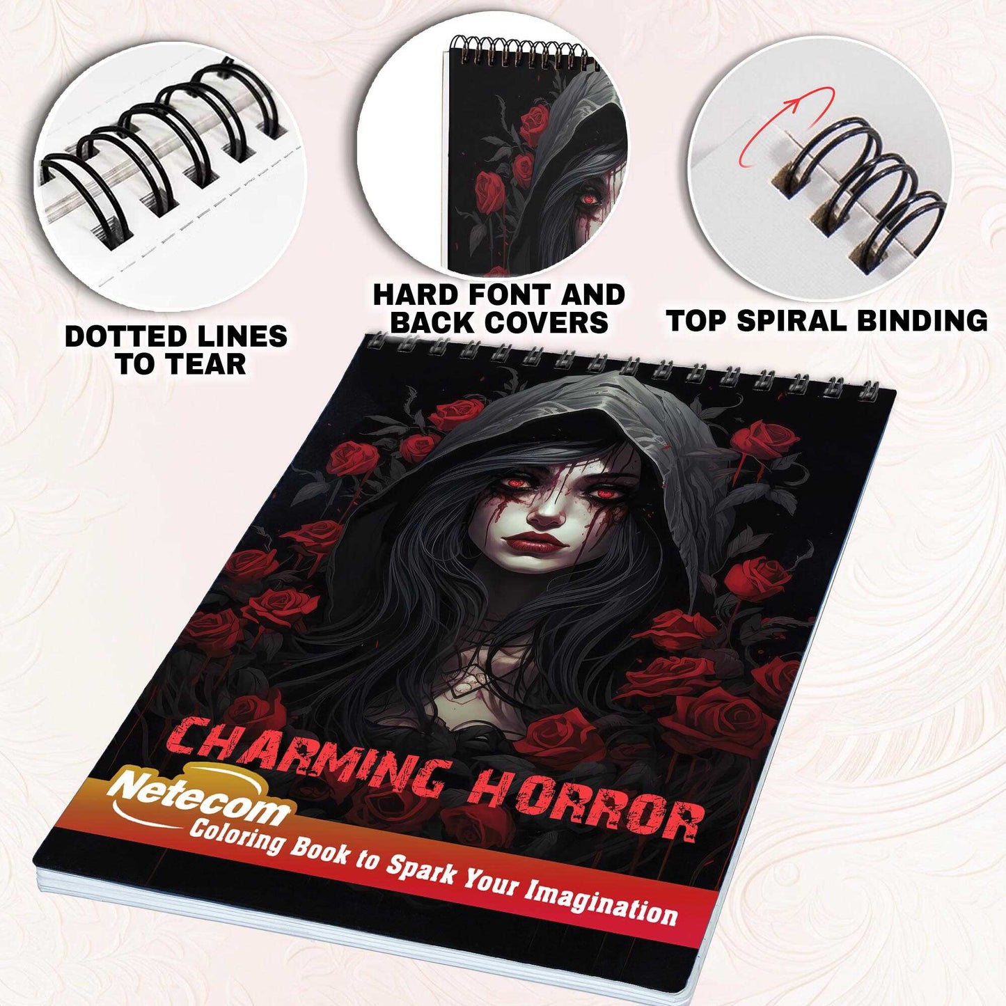 Charming Horror Spiral Bound Coloring Book, Delight in 30 Whimsical Coloring Pages of Charming Horror for Gothic Art Admirers to Embrace the Quirky Charm and Elegantly Creepy Vibes of Dark Fantasy Scenes