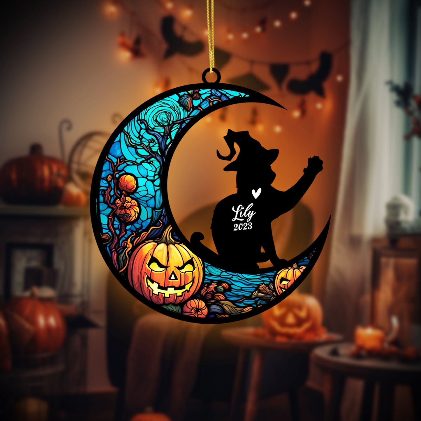 Netecom Personalized Halloween Siamese Cat Suncatcher - Memorial Gift for Loss of Cat, Custom Siamese Lovers Ornament for Window or Wall Hanging, Spooky Sympathy Gift