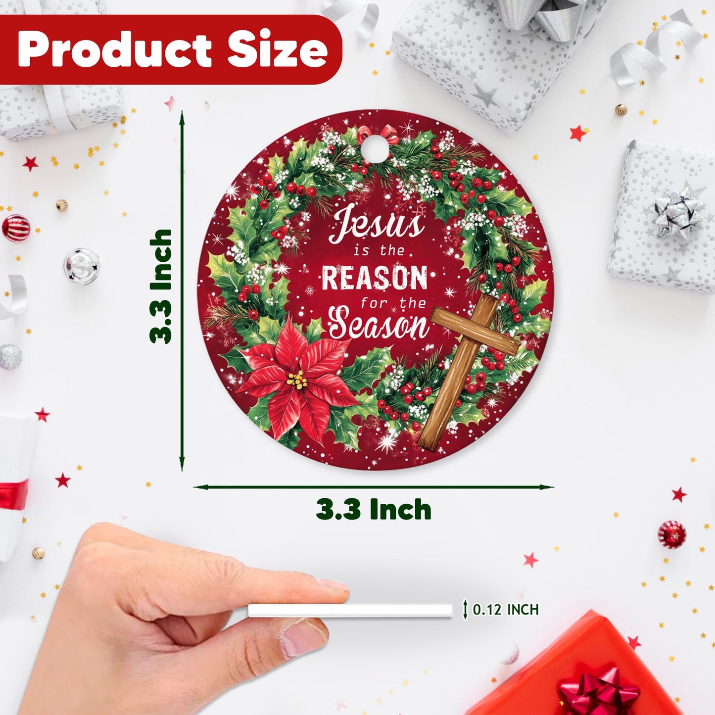 Netecom Religious Christmas Ornament, Jesus is the Reason for the Season Ceramic Ornament for Xmas Tree Hanging Decorations Gift, Inspirational Gifts for Christian, Holiday Party Present