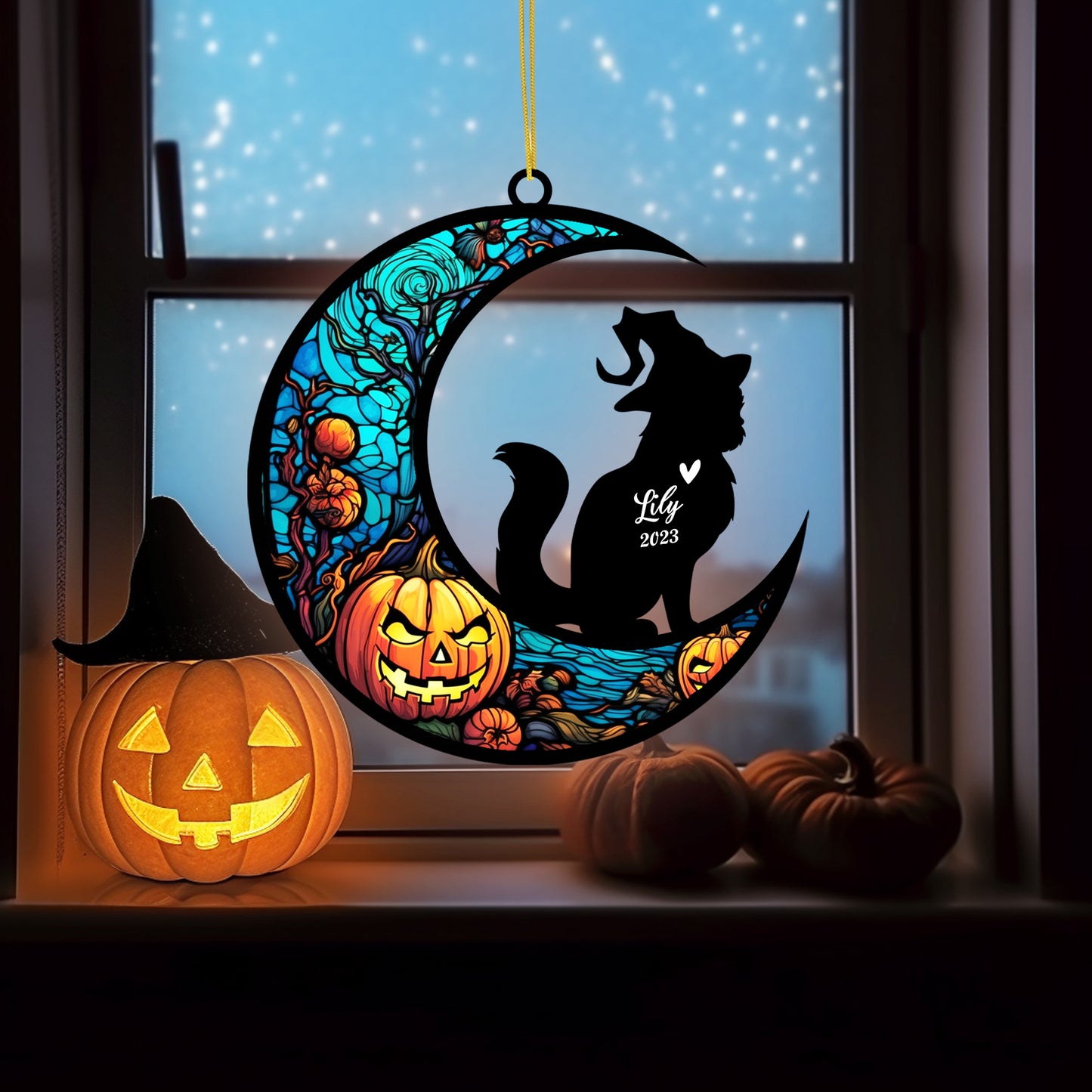 Netecom Personalized Halloween Persian Cat Suncatcher - Memorial Gift for Loss of Cat, Custom Persian Longhair Lovers Ornament for Window or Wall Hanging, Spooky Sympathy Gift