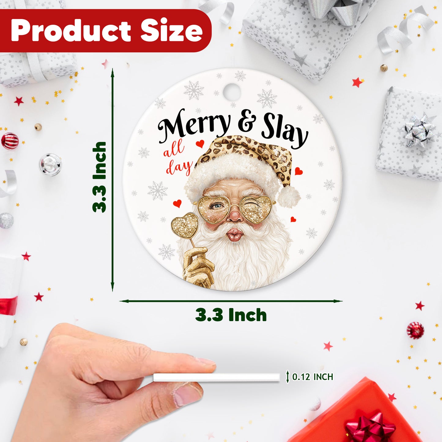 Netecom Merry & Slay All Day Ornament, Funny Leopard Print Santa Ceramic Ornament for Xmas Tree Hanging Decorations Gift, Funny Gag Gifts for Men Women, Home Decor, Holiday Party Present