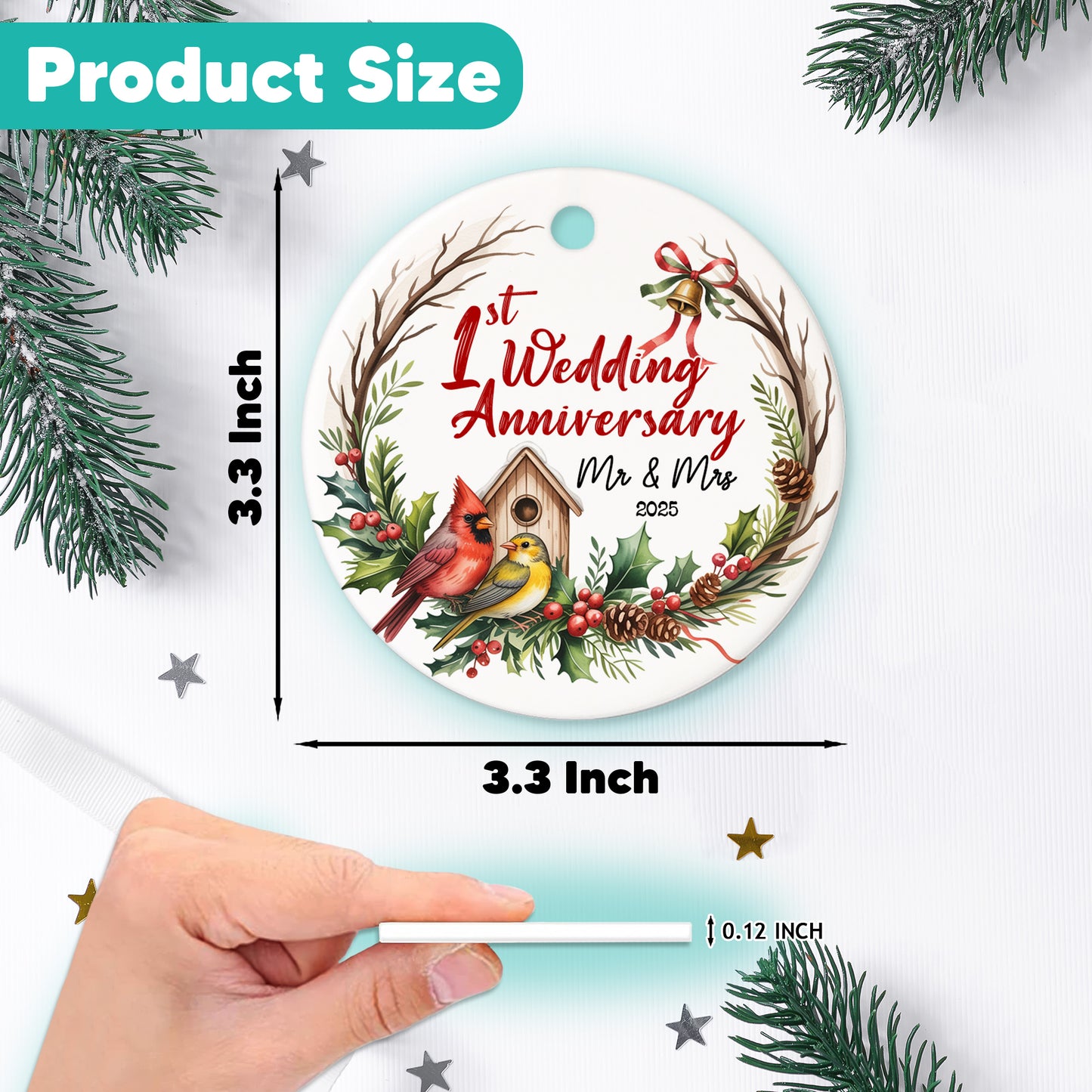 Netecom 1st Wedding Anniversary Christmas Ornament 2025, 1 Year as Mr & Mrs Red Cardinal Ceramic Ornament for Xmas Tree Hanging Decorations Gift, Gifts for Couple Husband Wife, Holiday Present