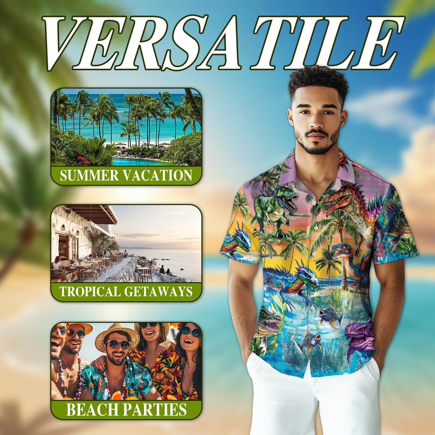 Netecom Tropical Dinosaur Hawaiian Shirt for Men, Dinosaur Lover Gifts, Animal Button Down Summer Beach Shirts