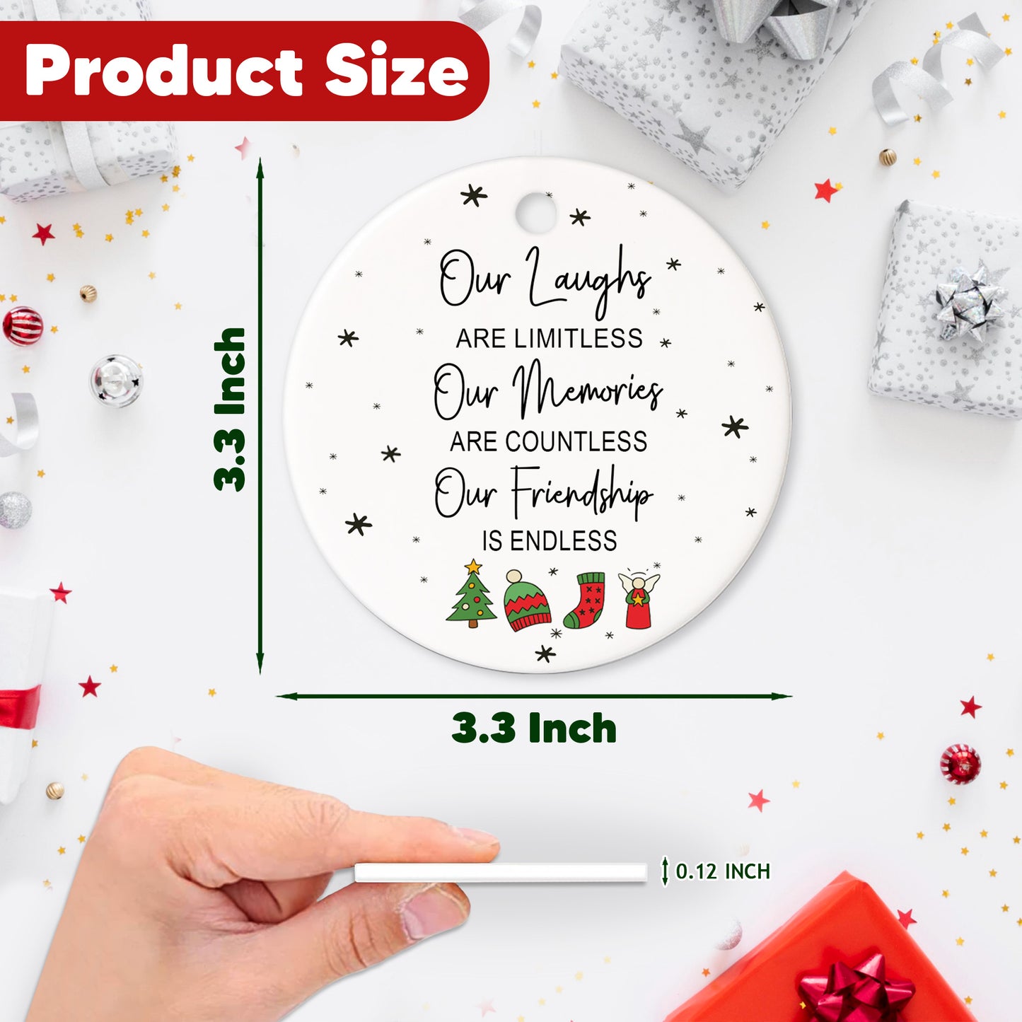 Netecom Best Friend Christmas Ornament, Our Laughs Are Limitless Our Memories Are Countless Our Friendship Is Endless Ceramic Ornament for Xmas Tree Hanging Decorations Gift, Gifts for Besties