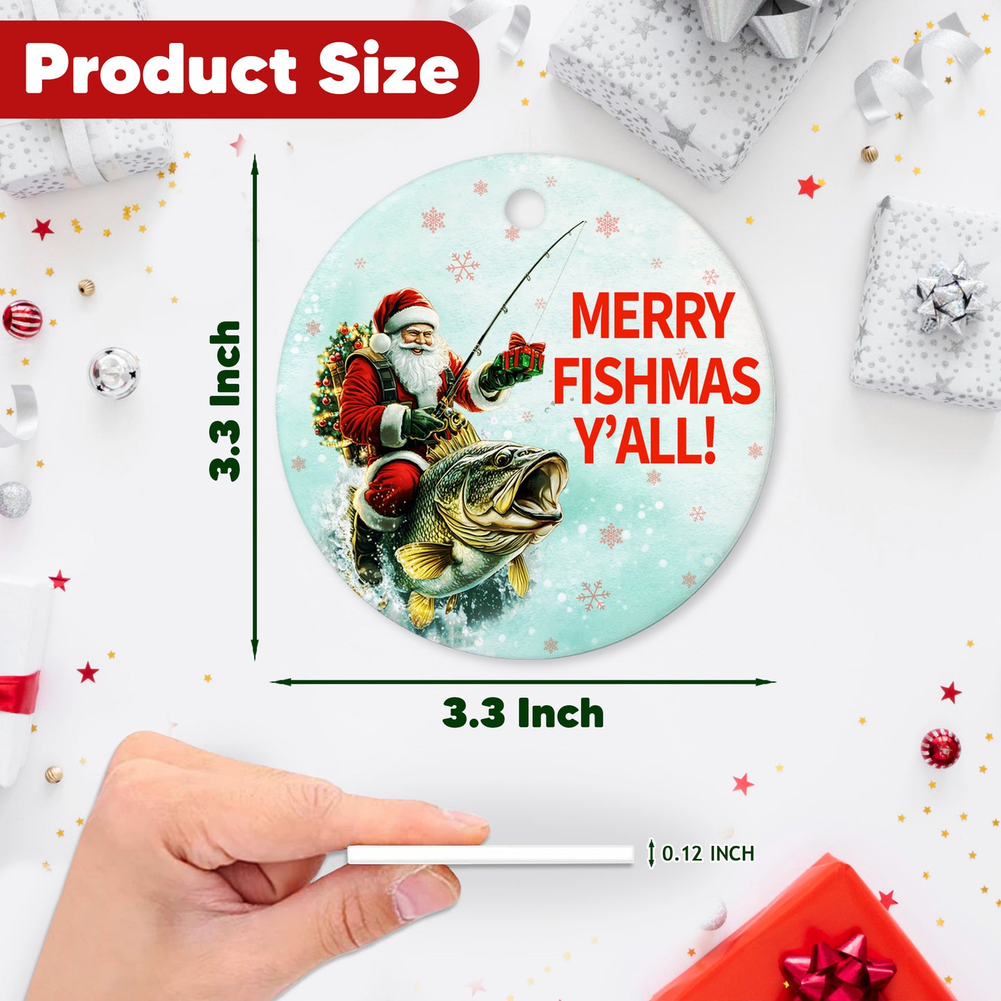 Netecom Funny Santa Fishing Christmas Ornament, Merry Fishmas Ceramic Ornament for Xmas Tree Hanging Decorations Gift, Fishing Lovers Gifts for Fisherman, Home Decor, Holiday Party Present
