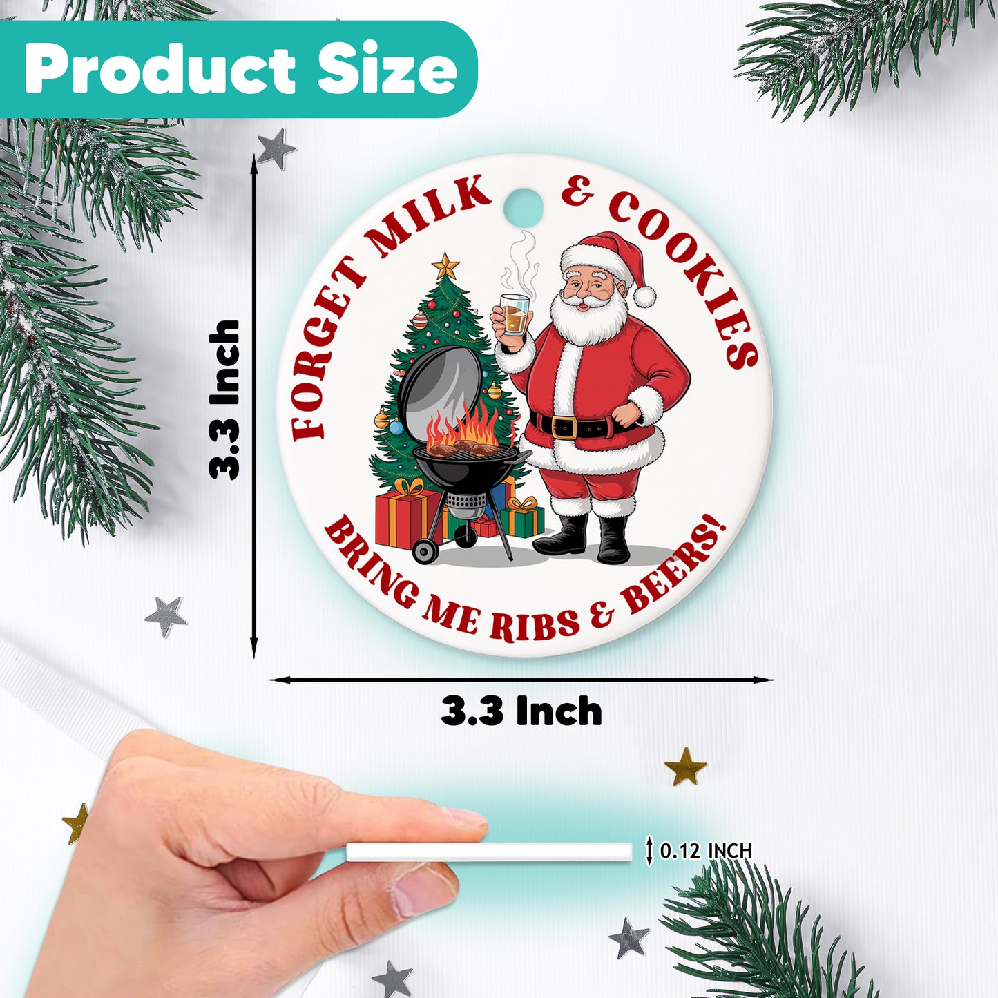 Netecom Funny Forget Milk & Cookies Bring Me Ribs and Beers Christmas Ornaments, Santa Claus Ceramic Ornament for Xmas Tree Hanging Decoration Gift, Gifts for Friends Family, Holiday Present