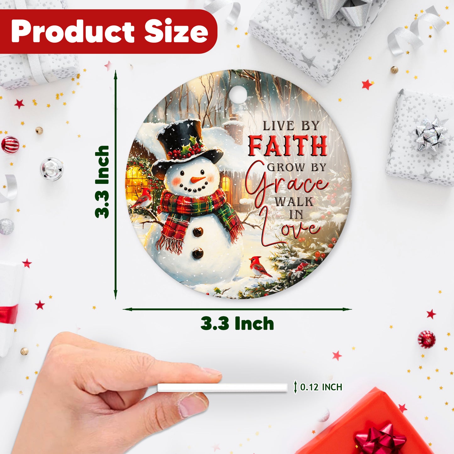 Netecom Cozy Snowman Christmas Ornament, Live by Faith Grow by Grace Walk in Love Ceramic Ornament for Xmas Tree Hanging Decorations Gift, Religious Gifts for Christian, Holiday Party Present
