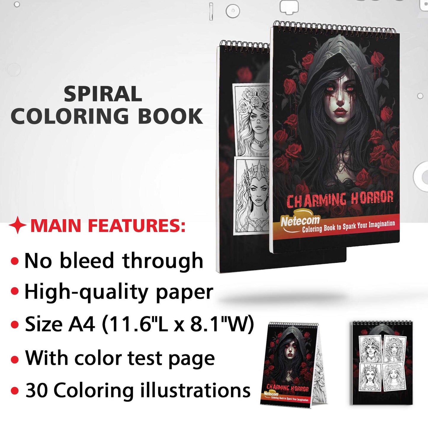 Charming Horror Spiral Bound Coloring Book, Delight in 30 Whimsical Coloring Pages of Charming Horror for Gothic Art Admirers to Embrace the Quirky Charm and Elegantly Creepy Vibes of Dark Fantasy Scenes