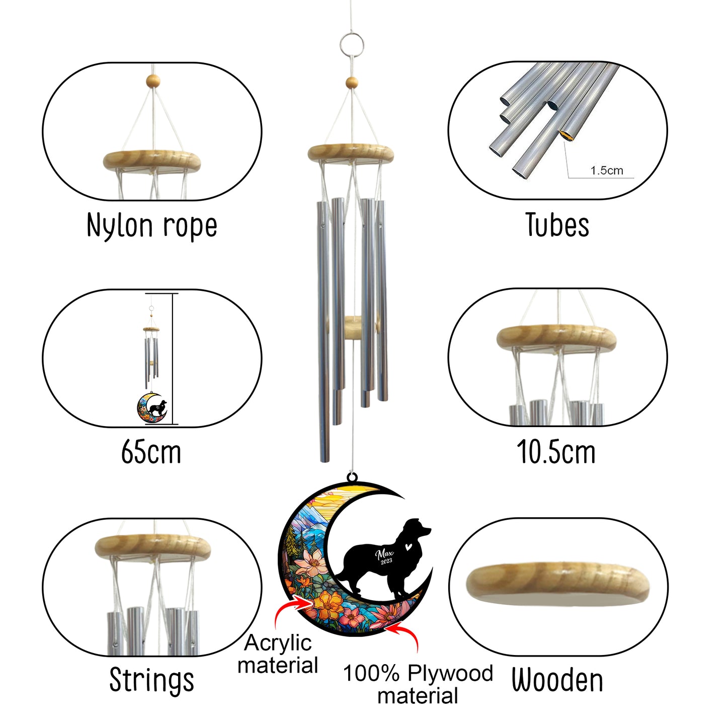 Netecom Border Collie Dog Wind Chimes Memorial, Personalized Pet Memorial Windchime for Dogs Suncatcher, Dog Loss Memorial Ornament, Loss of Pet Remembrance Gift, Sympathy Pet Wind Chimes Outdoor Garden