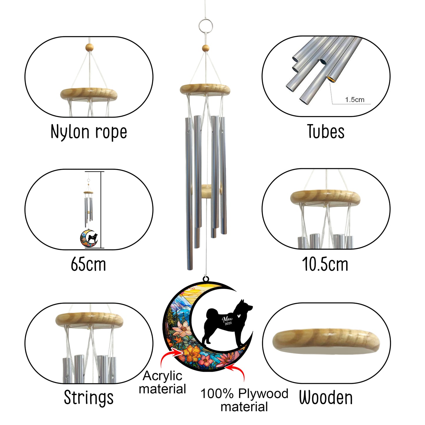 Netecom Akita Dog Wind Chimes Memorial, Personalized Pet Memorial Windchime for Dogs Suncatcher, Dog Loss Memorial Ornament, Loss of Pet Remembrance Gift, Sympathy Pet Wind Chimes Outdoor Garden