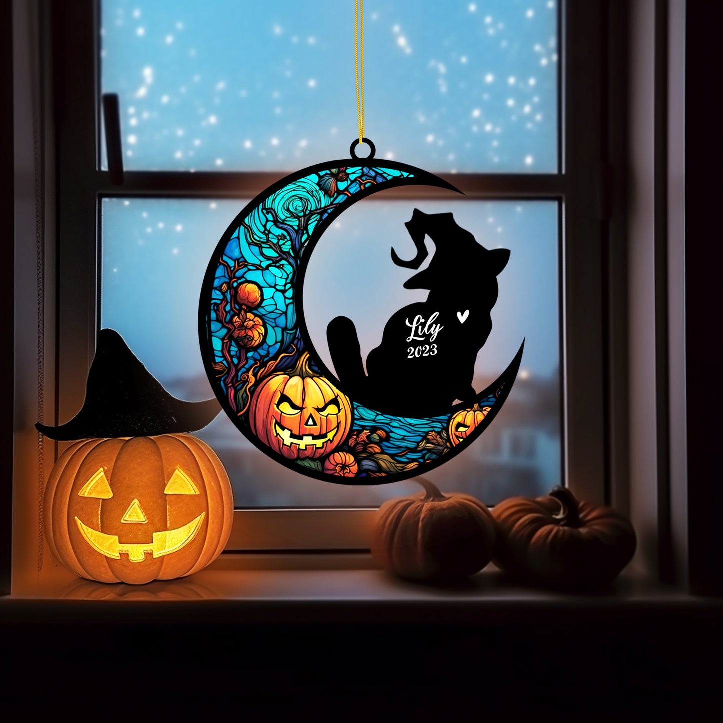 Netecom Personalized Halloween Exotic Shorthair Cat Suncatcher - Custom Cat Ornament with Name, Exotic Shorthair Cat with Witch Hat Halloween Decoration for Window or Garden