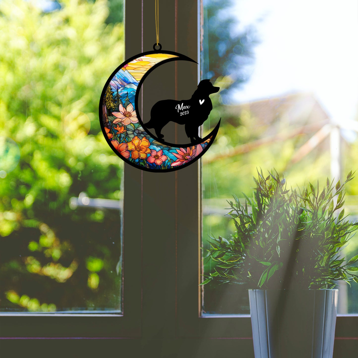 Netecom Personalized Border Collie Memorial Suncatcher - Dog Christmas Ornament with Name & Date - Boston Terrier Pet Loss Stained Glass Sympathy Gift & Bereavement Keepsake