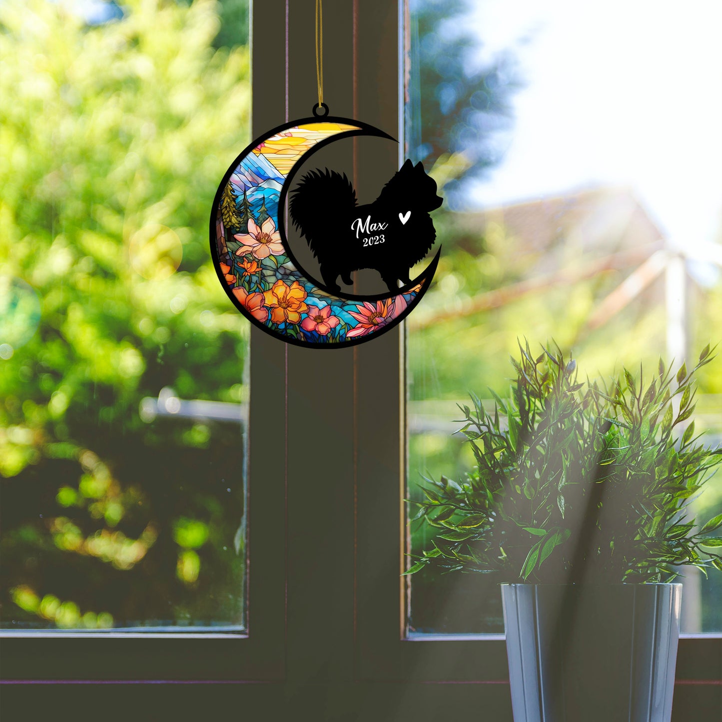 Netecom Personalized Pomeranian Memorial Suncatcher - Beagle Christmas Ornament with Name & Date - Dog Memorial Ornament - Pet Loss Sympathy Gift - Stained Glass Light Catcher