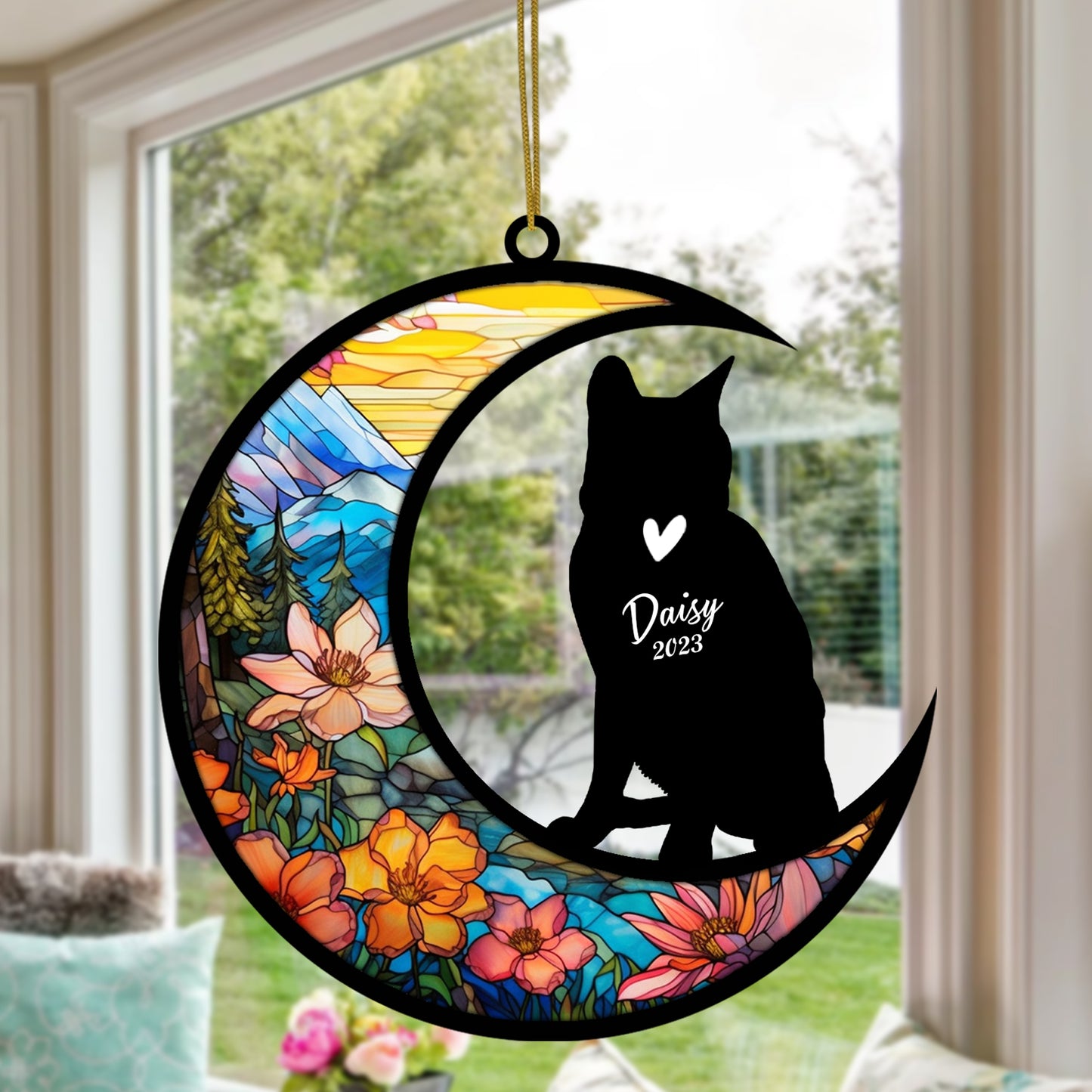 Netecom Personalized Russian Blue Cat Memorial Suncatcher - Custom with Name & Date - Pet Loss Light Catcher - Christmas Cat Ornament for Window Hangings