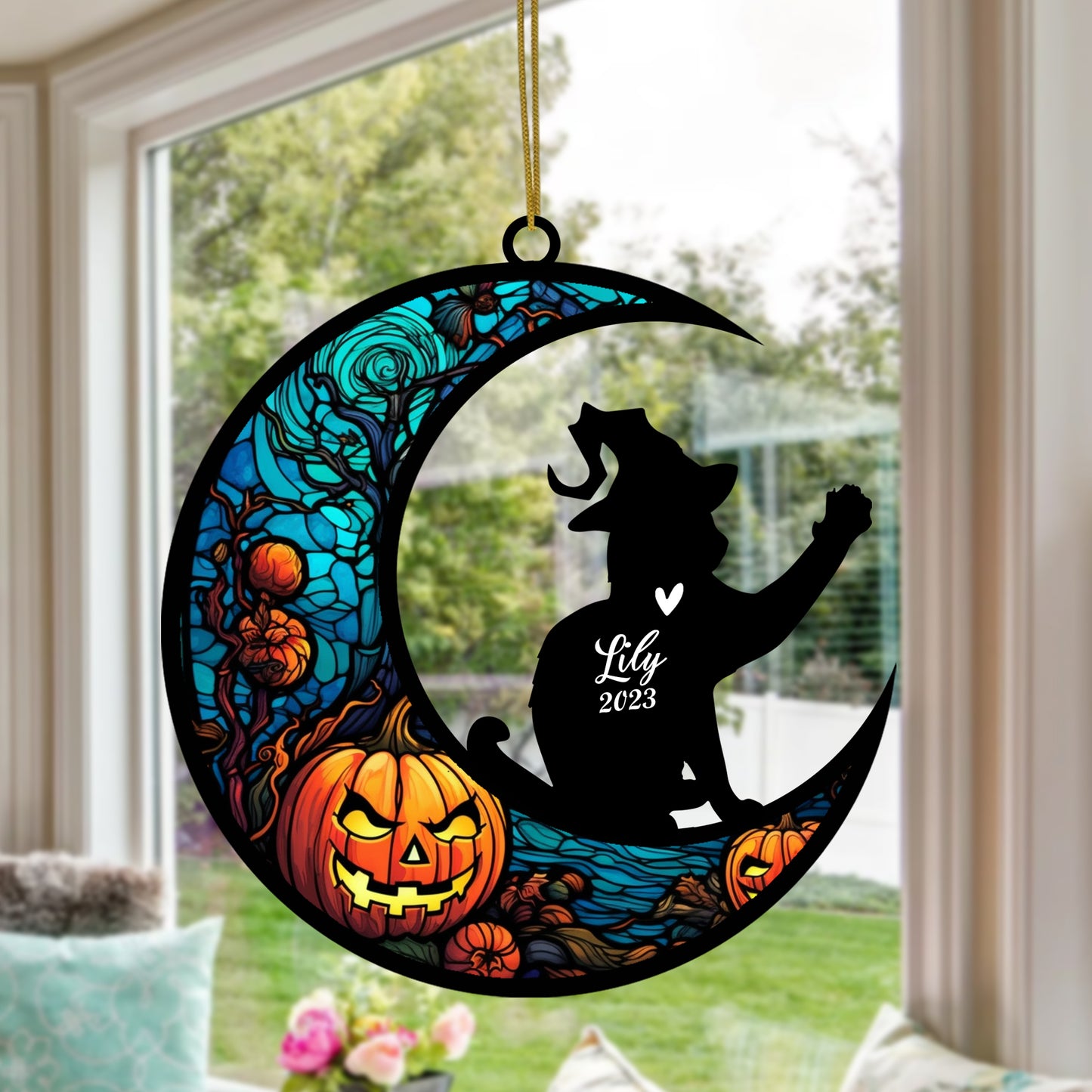 Netecom Personalized Halloween Siamese Cat Suncatcher - Memorial Gift for Loss of Cat, Custom Siamese Lovers Ornament for Window or Wall Hanging, Spooky Sympathy Gift