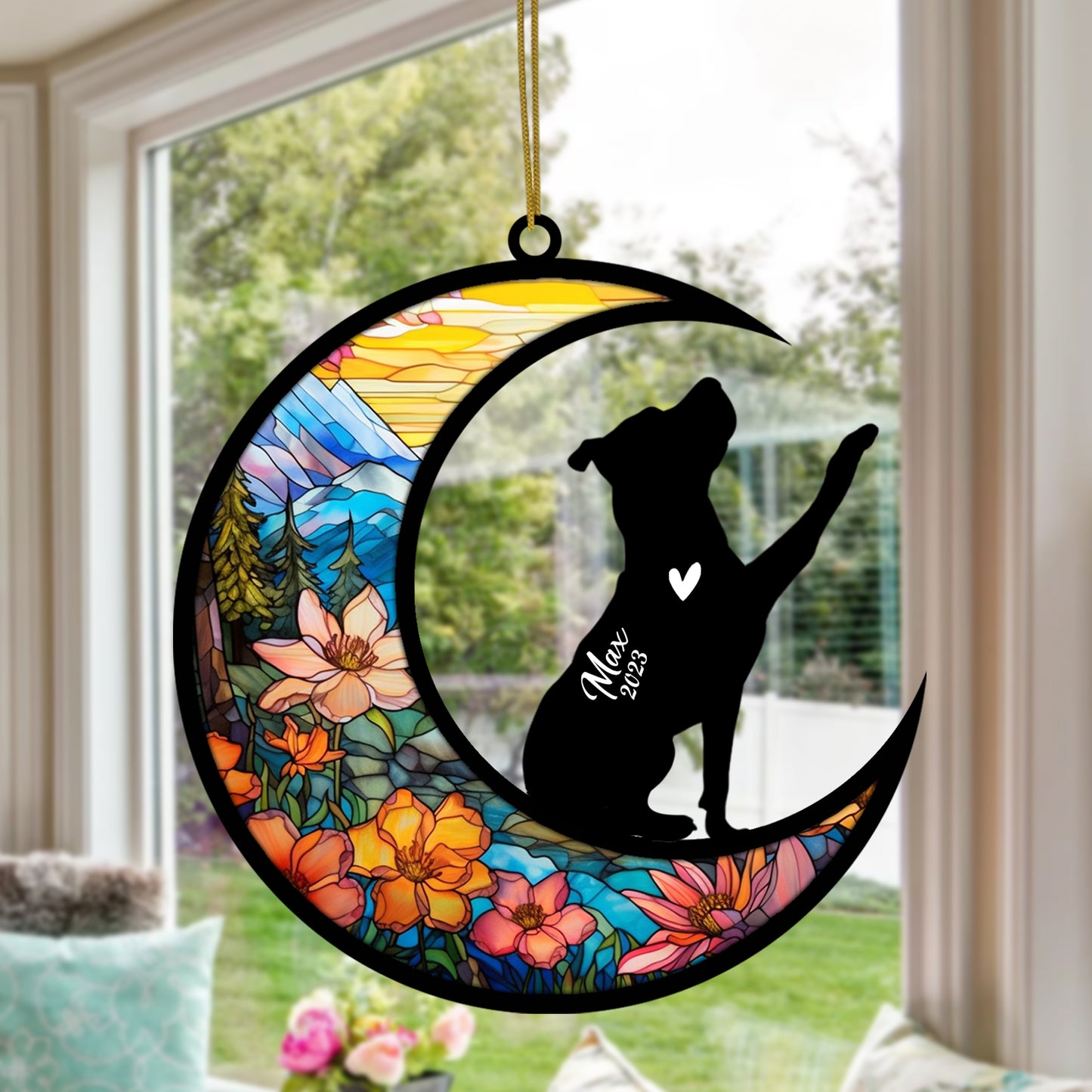 Netecom Personalized Pitbull Memorial Suncatcher, Beagle Christmas Ornament with Name Date, Dog Memorial Ornament Loss of Pet Sympathy Gift, Pet Loss Stained Glass