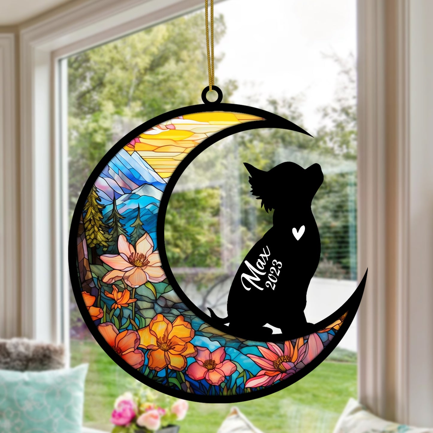 Netecom Personalized Chihuahua Memorial Suncatcher, Beagle Christmas Ornament with Name Date, Dog Memorial Ornament Loss of Pet Sympathy Gift, Pet Loss Stained Glass