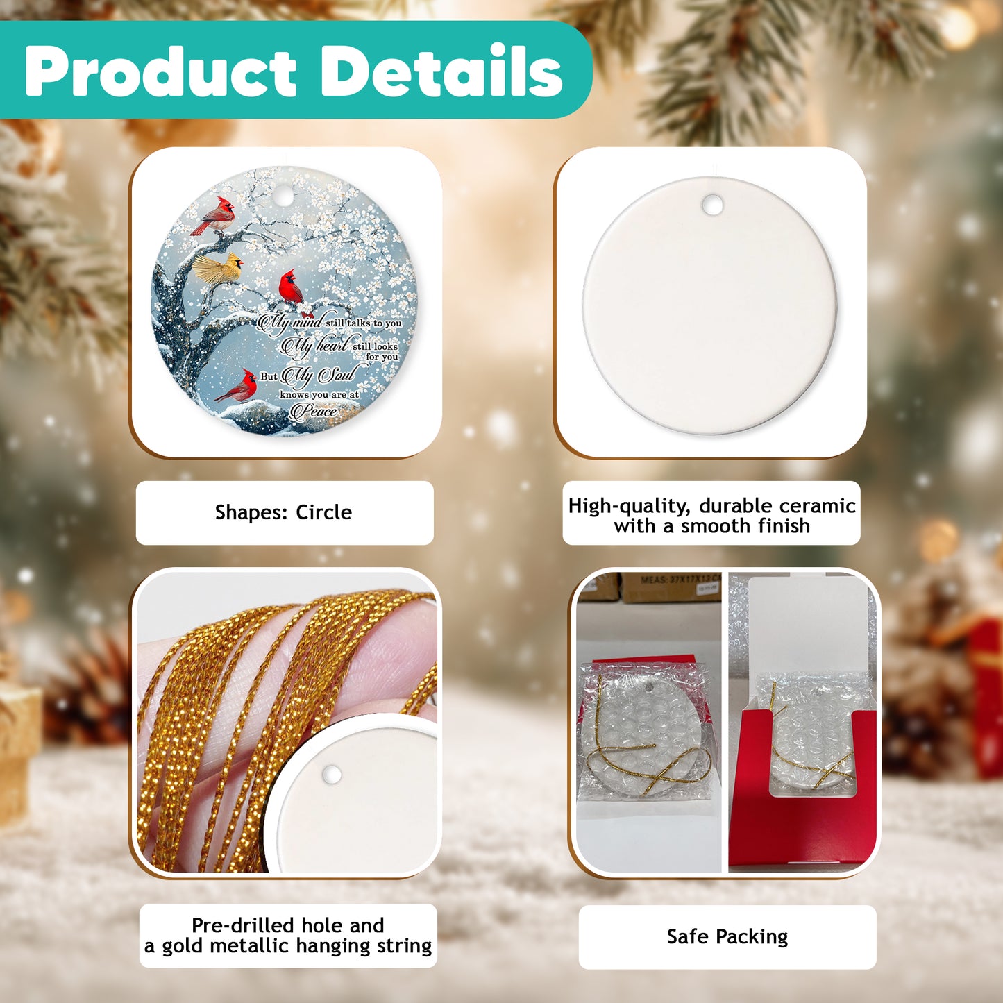 Netecom Memorial Christmas Ornament, My Mind Still Talks To You Cardinals Ceramic Ornaments for Xmas Tree Hanging Decorations Gift, Sympathy Gifts for Loss of Wife Girlfriend, Holiday Present