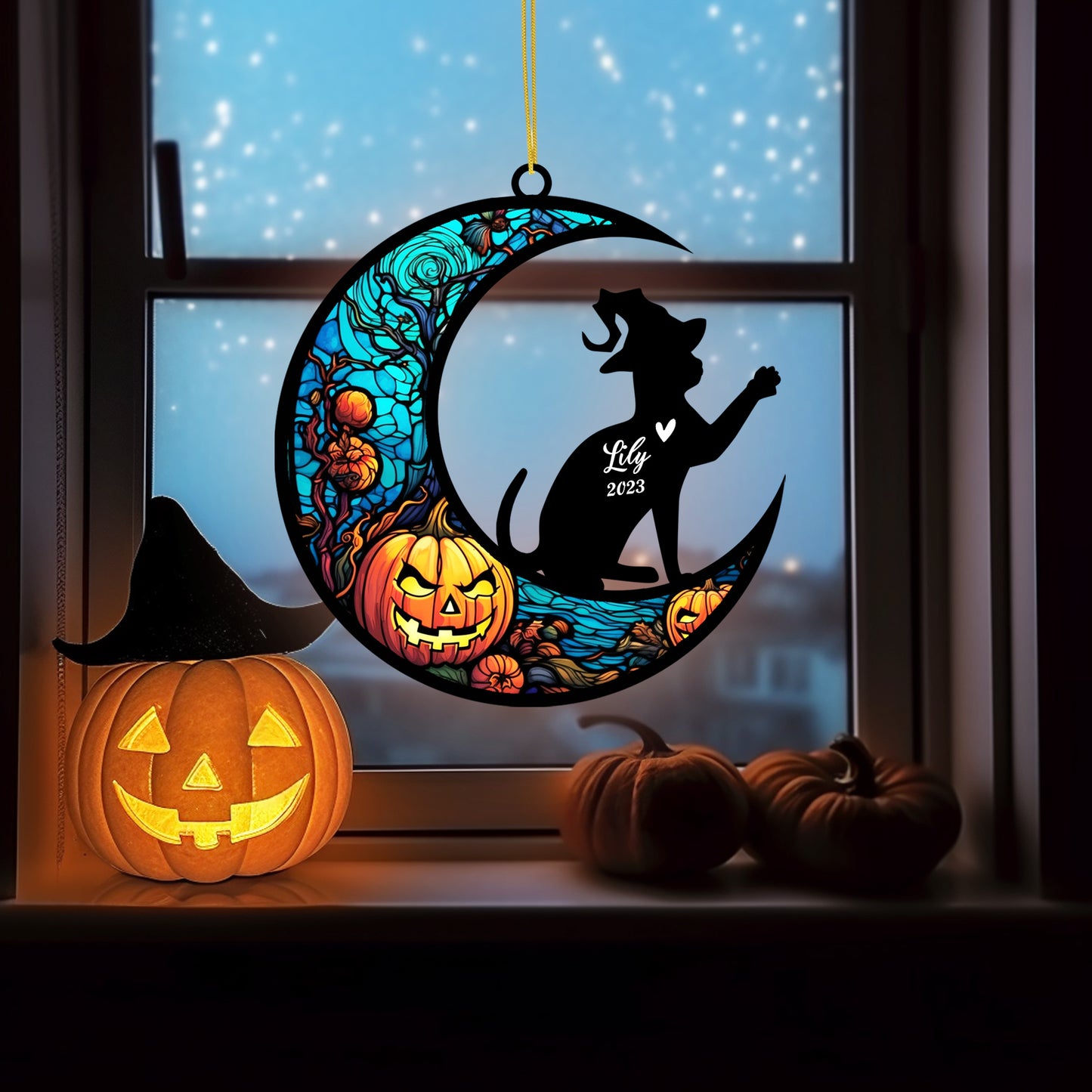 Netecom Personalized Halloween Bengal Cat Suncatcher - Memorial Gift for Loss of Cat, Custom Bengal Lovers Ornament for Window or Wall Hanging, Spooky Sympathy Gift