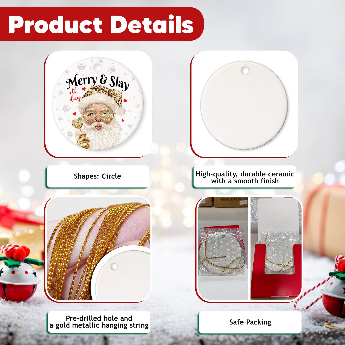 Netecom Merry & Slay All Day Ornament, Funny Leopard Print Santa Ceramic Ornament for Xmas Tree Hanging Decorations Gift, Funny Gag Gifts for Men Women, Home Decor, Holiday Party Present