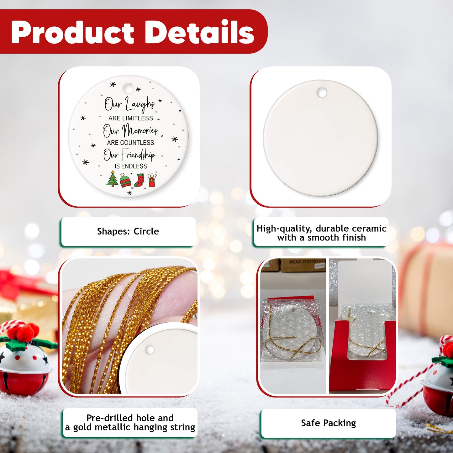 Netecom Best Friend Christmas Ornament, Our Laughs Are Limitless Our Memories Are Countless Our Friendship Is Endless Ceramic Ornament for Xmas Tree Hanging Decorations Gift, Gifts for Besties