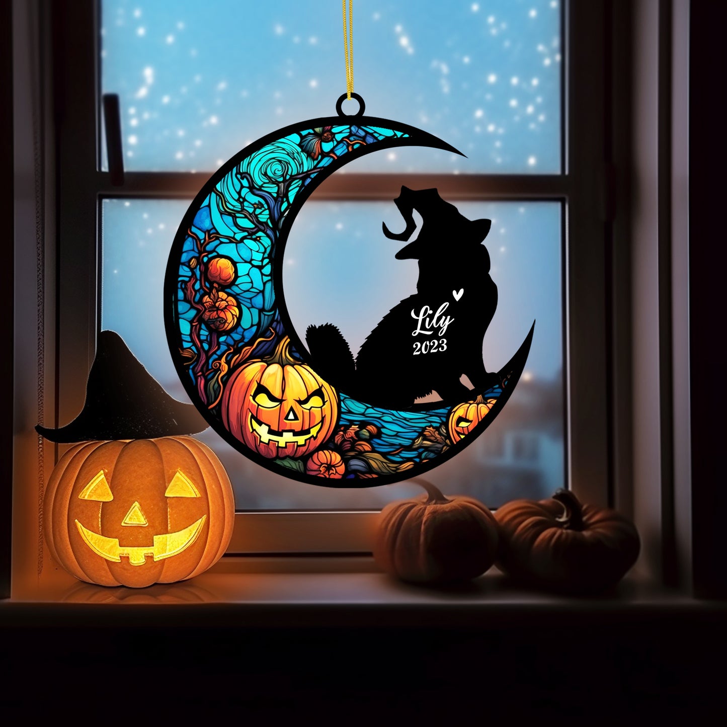 Netecom Personalized Halloween Siberian Cat Suncatcher - Custom Cat Ornament with Name, Siberian Cat with Witch Hat Halloween Decoration for Window, Garden, or Car