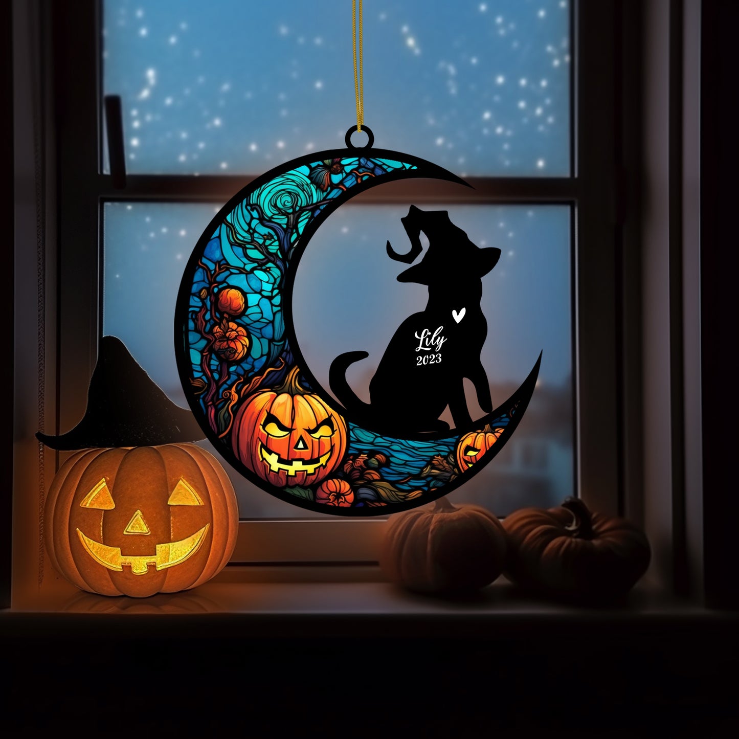 Netecom Personalized Halloween American Shorthair Cat Suncatcher - Custom Cat Ornament with Name, American Shorthair Cat with Witch Hat Halloween Decoration for Window or Garden