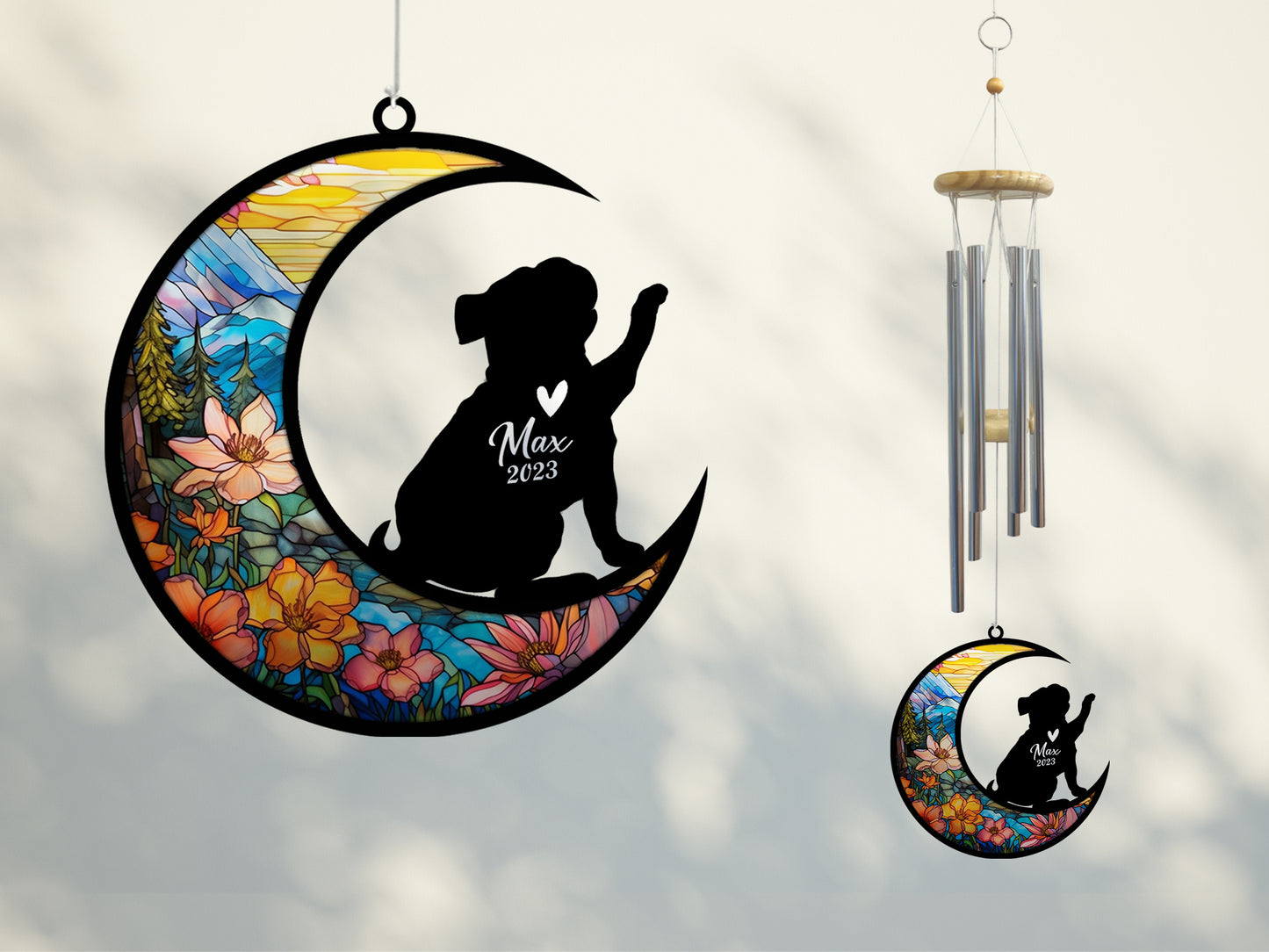 Netecom Pug Dog Wind Chimes Memorial, Personalized Pet Memorial Windchime for Dogs Suncatcher, Dog Loss Memorial Ornament, Loss of Pet Remembrance Gift, Sympathy Pet Wind Chimes Outdoor Garden
