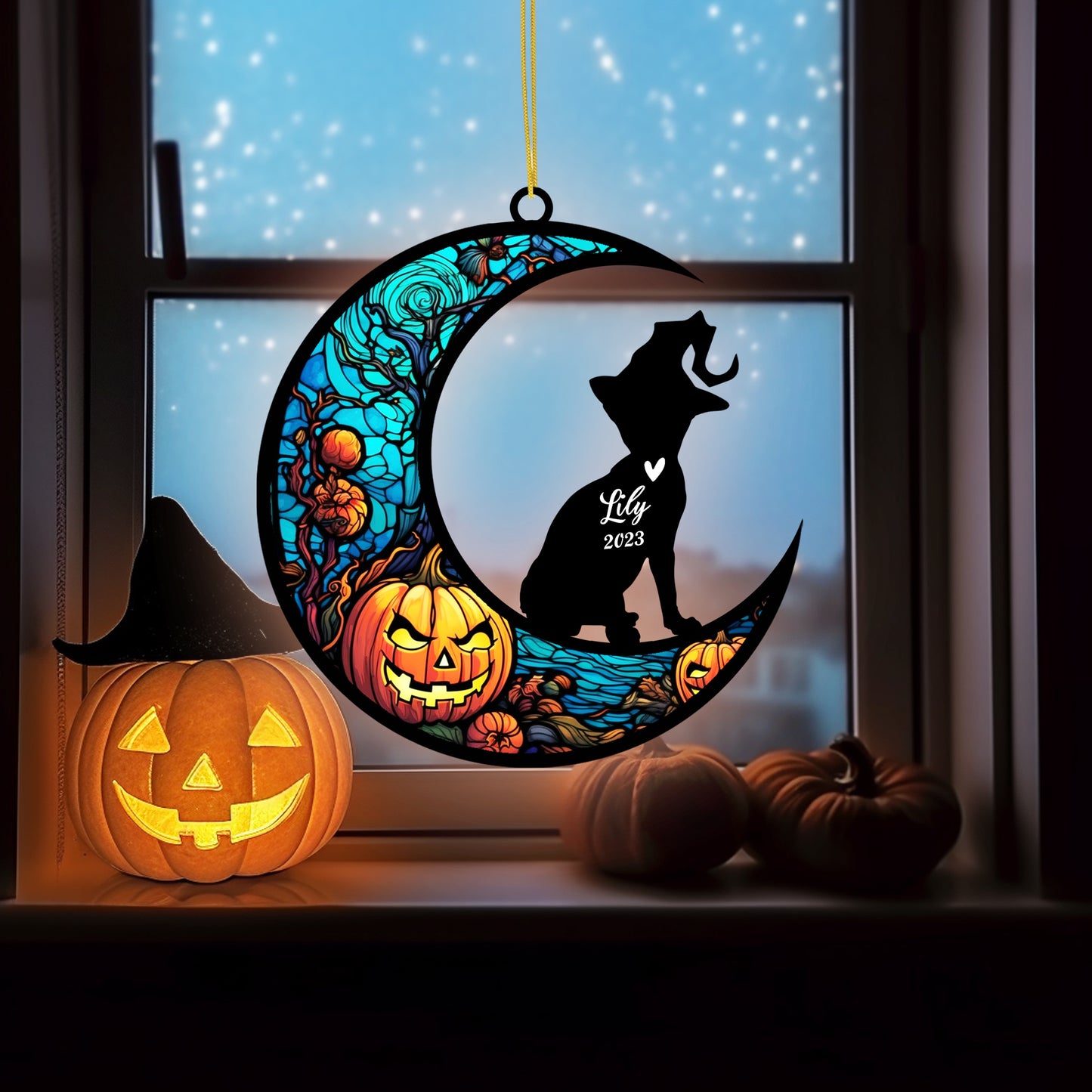 Netecom Personalized Halloween Sphynx Cat Suncatcher - Memorial Gift for Loss of Cat, Custom Sphynx Lovers Ornament for Window or Wall Hanging, Spooky Sympathy Gift