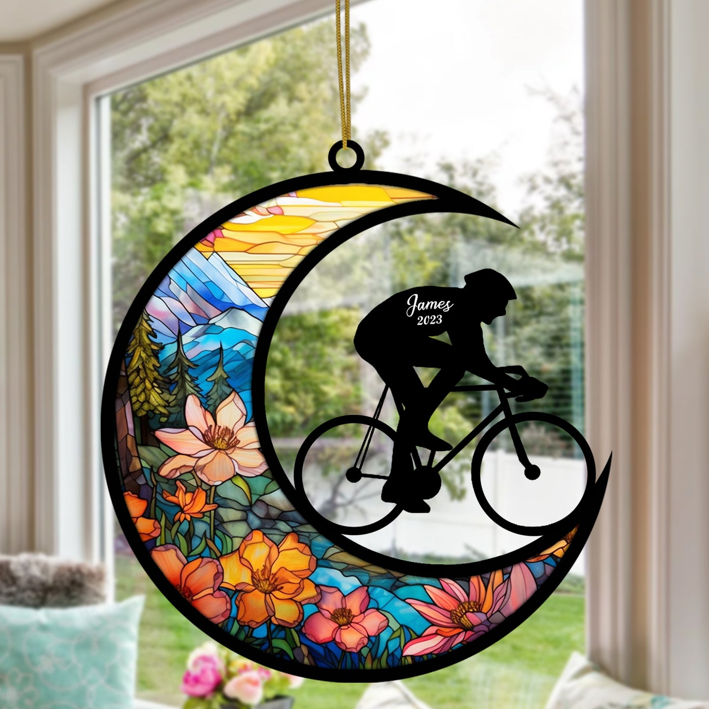 Netecom Personalized Cycling Suncatcher - Cycling Ornament for Christmas Tree 2025 - Cycling Christmas Pendant & Hanging Decoration for Car, Window, Home & Party - Cycling Lover Gift