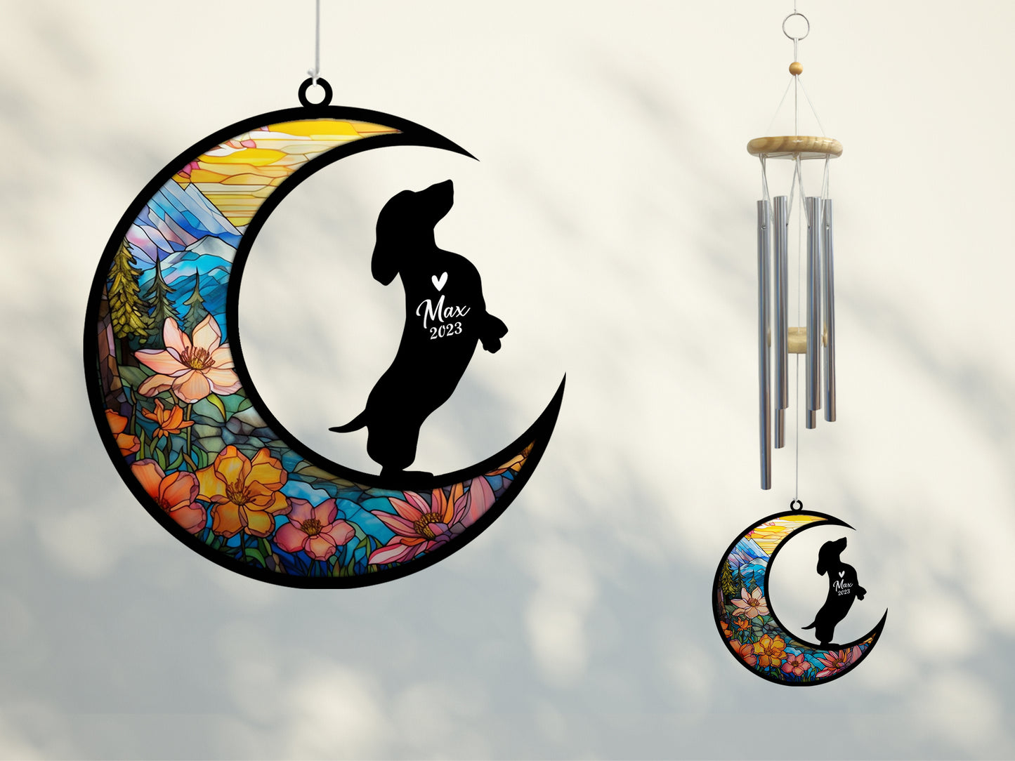 Netecom Dachshund Dog Wind Chimes Memorial, Personalized Pet Memorial Wind Chimes for Dogs Suncatcher, Dog Loss Memorial Ornament, Loss of Pet Remembrance Gift, Sympathy Wind Chimes Outside Garden Decor
