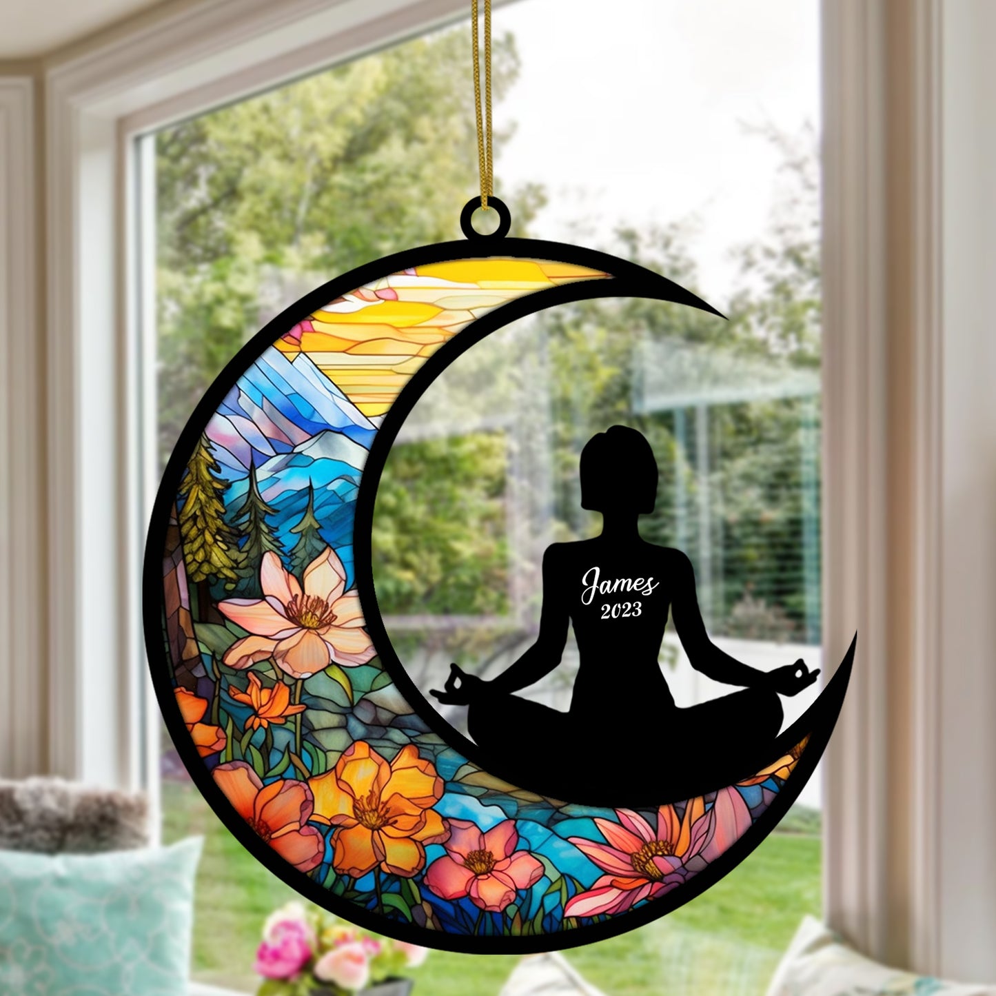 Netecom Personalized Yoga Suncatcher - Yoga Meditation Christmas Tree Ornament & Namaste Christmas Pendant - Hanging Ornaments for Car, Window - Custom Fitness Gift for Women