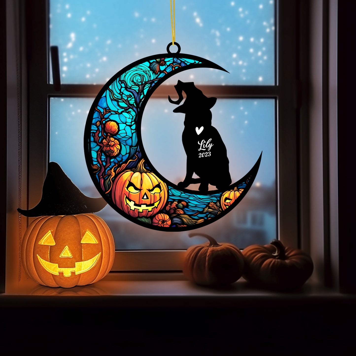 Netecom Personalized Halloween Russian Blue Cat Suncatcher - Custom Cat Ornament with Name, Russian Blue Cat with Witch Hat Halloween Decoration for Window or Garden
