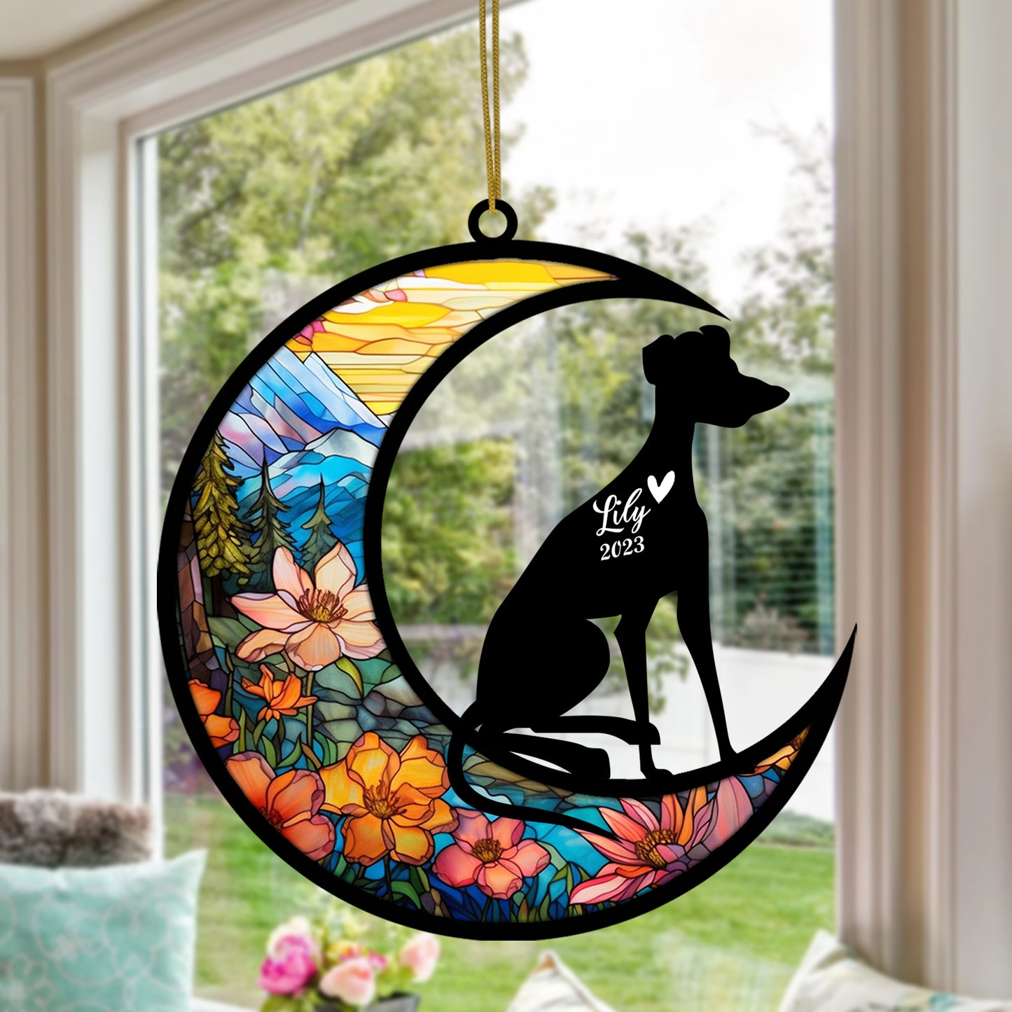 Netecom Personalized Whippet Memorial Suncatcher - Beagle Christmas Ornament with Name & Date - Dog Memorial Ornament - Pet Loss Sympathy Gift - Stained Glass Light Catcher