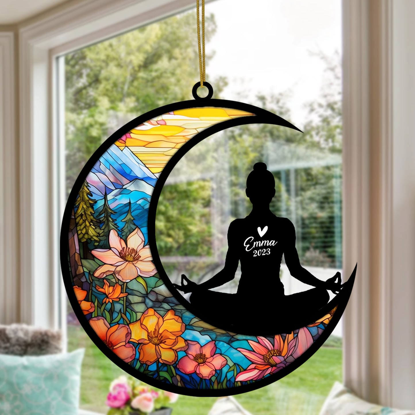 Netecom Personalized Yoga Suncatcher - Meditation & Namaste Christmas Tree Ornament - Custom Yoga Pendant for Car, Window & Home - Fitness Gift for Yoga Lovers