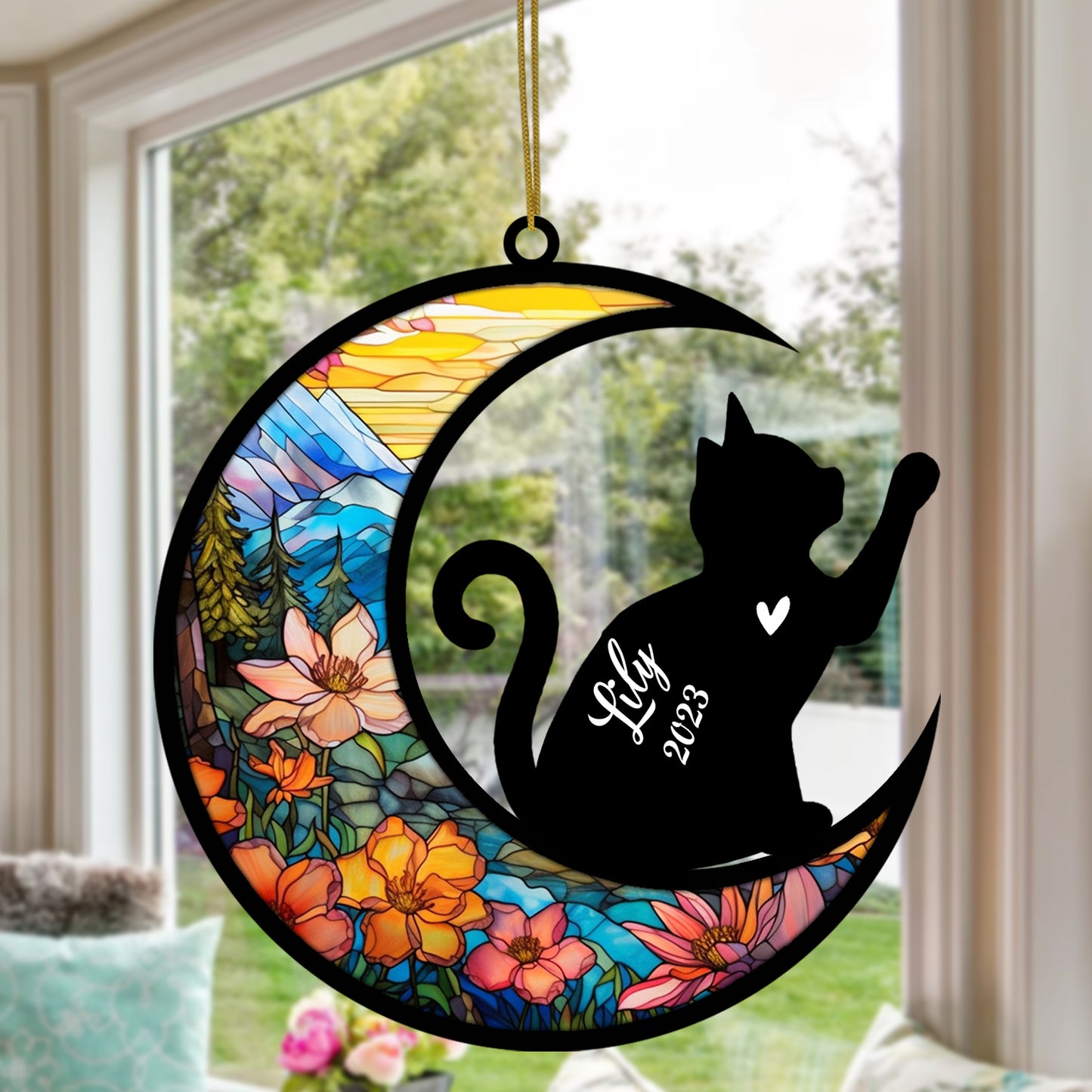 Netecom Personalized Cat Memorial Suncatcher, Custom Cat Breeds Suncatcher with Name & Date, Pet Loss Suncatcher, Stained Glass, Gifts for Cat Lovers, Christmas Cat Ornament Window Hangings