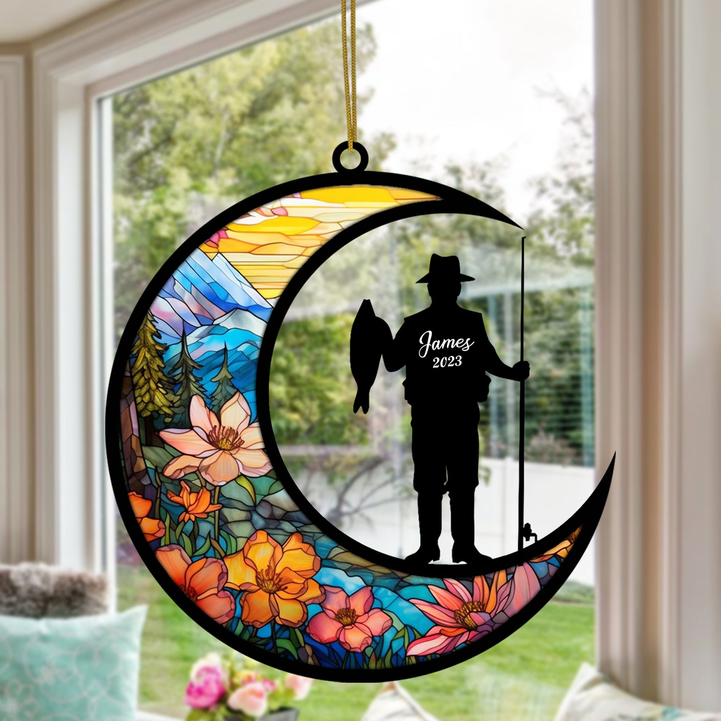 Netecom Personalized Fishing Suncatcher - Fishing Ornament for Car & Window - Fisherman Christmas Ornament for Tree Hanging Decorations - Gift for Fishing Lovers, Dad, Brother & Friends
