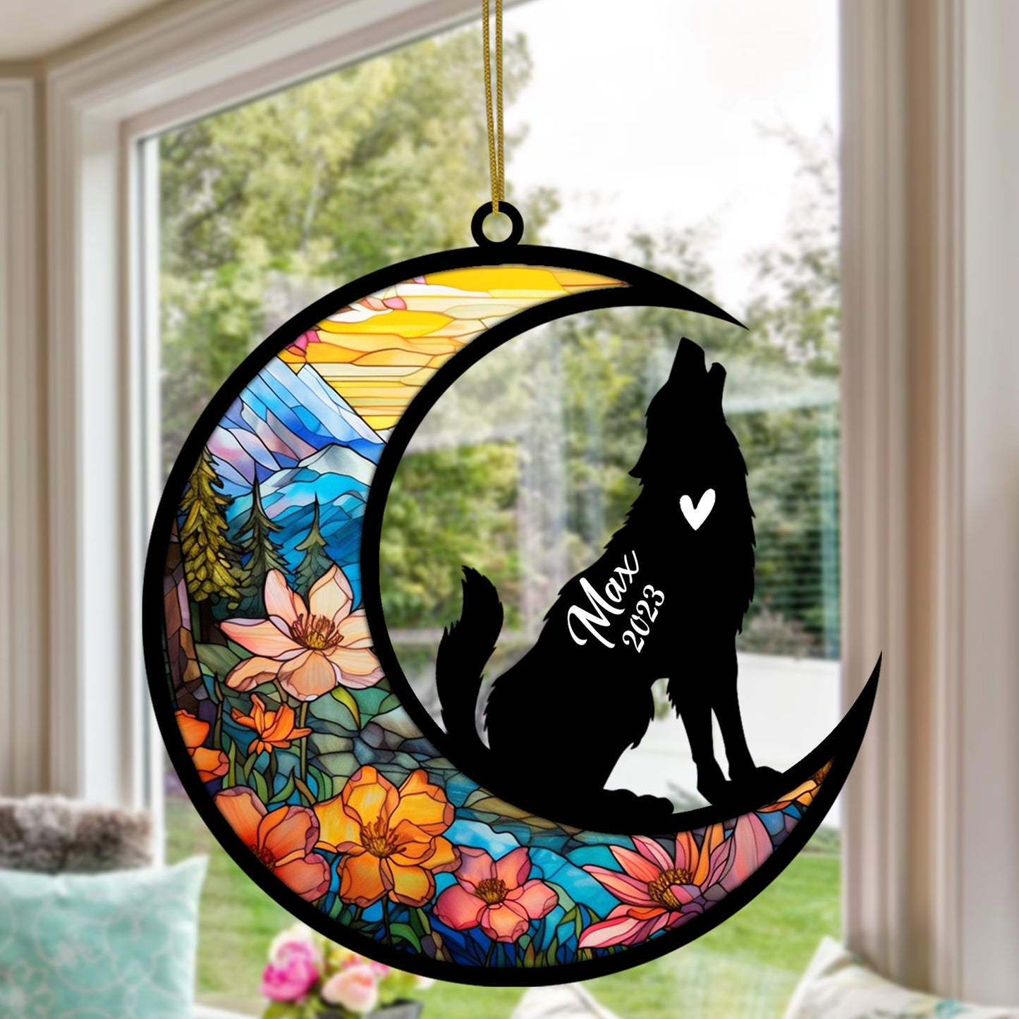 Netecom Personalized Wolf Memorial Suncatcher Ornament Decoration, Wolf Car Windows Hangings, Bereavement Wolf Loss Gift, Custom Wolf Suncatcher with Name Date, Memorial Gifts for Wolf Lovers