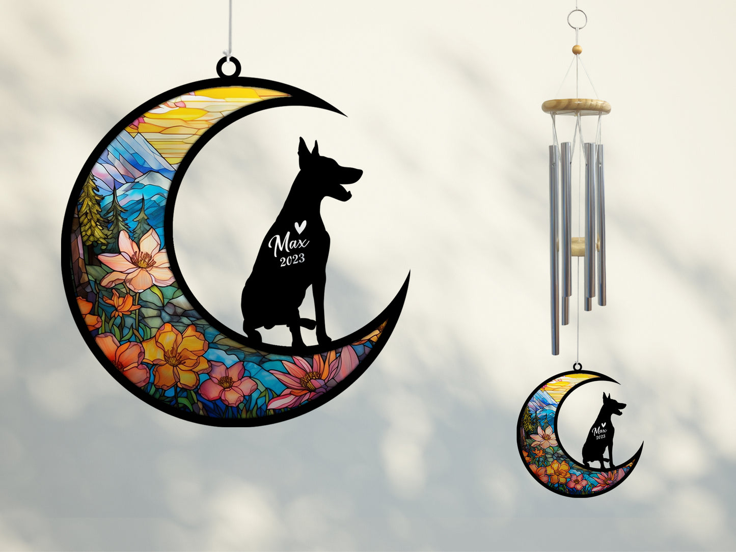 Netecom Doberman Dog Wind Chimes Memorial, Personalized Pet Memorial Windchime for Dogs Suncatcher, Dobie Dog Loss Memorial Ornament, Loss of Pet Remembrance Gift, Sympathy Pet Wind Chimes Outdoor Garden