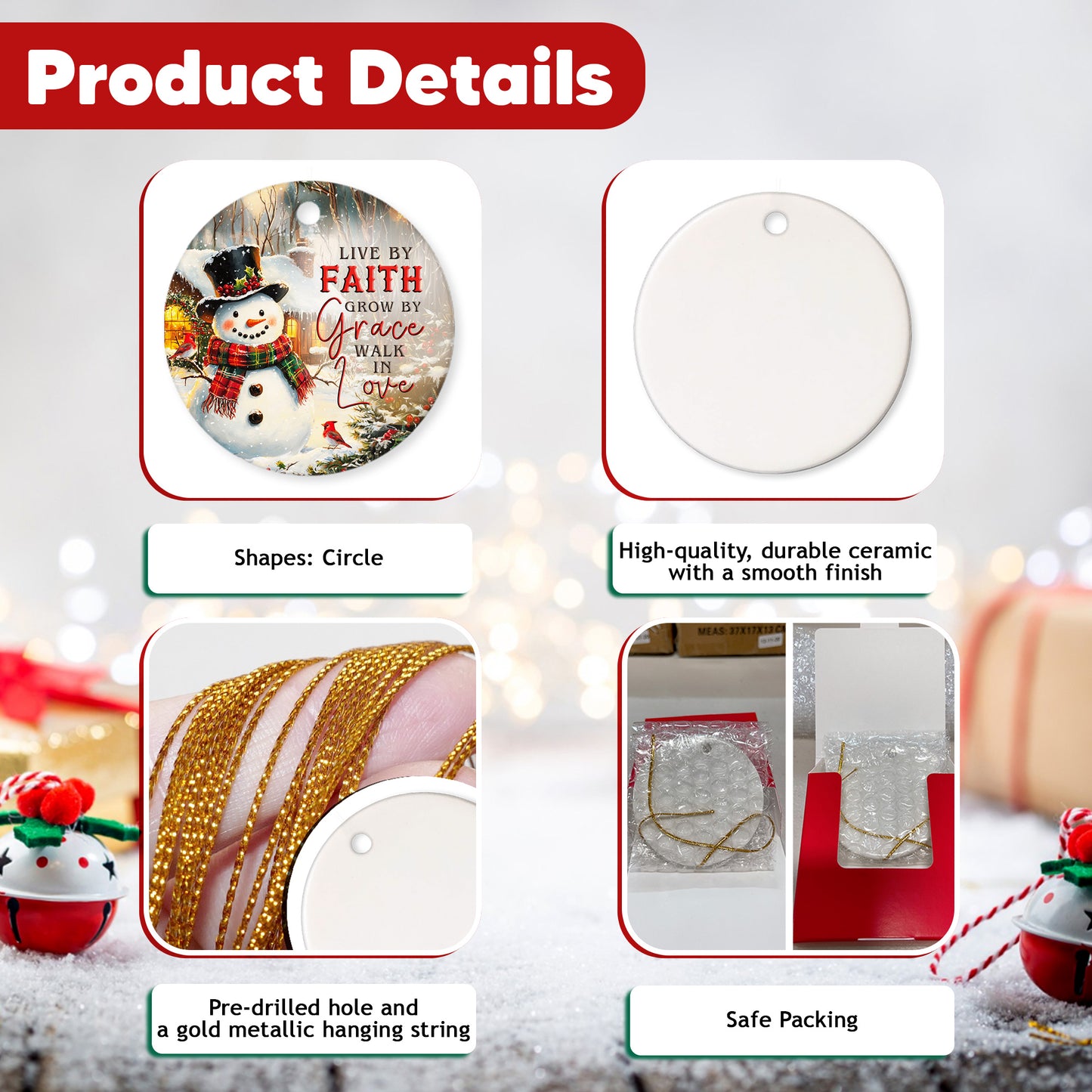 Netecom Cozy Snowman Christmas Ornament, Live by Faith Grow by Grace Walk in Love Ceramic Ornament for Xmas Tree Hanging Decorations Gift, Religious Gifts for Christian, Holiday Party Present
